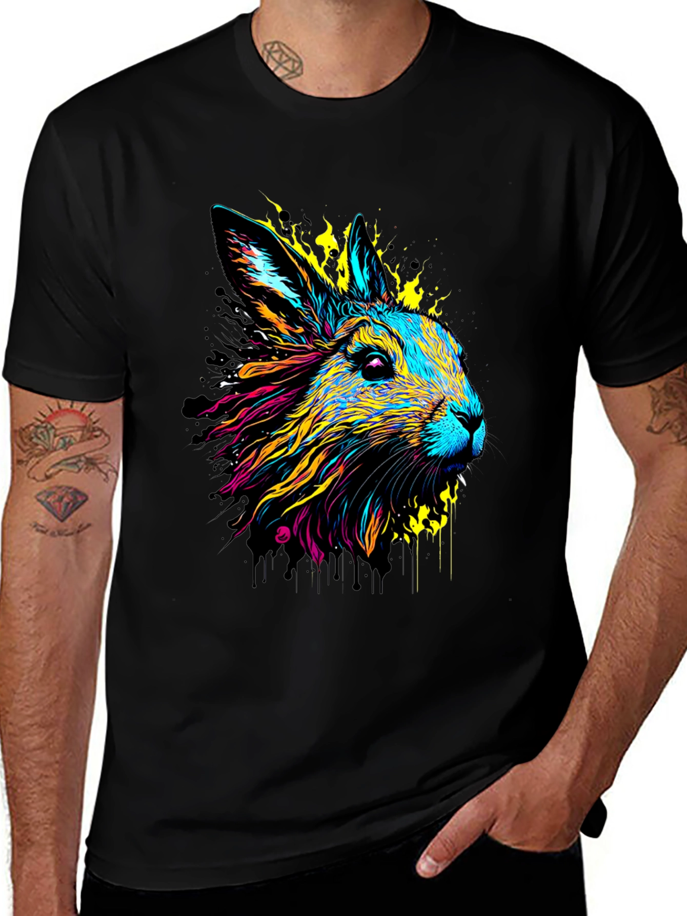Vibrant Rabbit Graphic Tee - Black Cotton T-Shirt