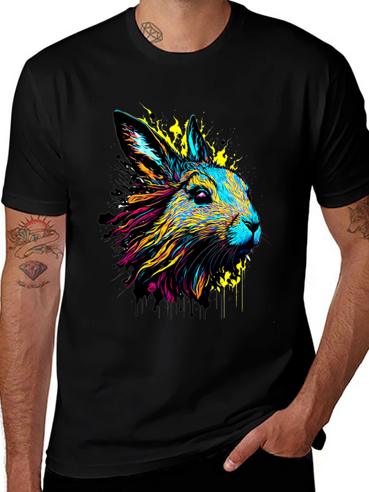 Vibrant Rabbit Graphic Tee - Black Cotton T-Shirt