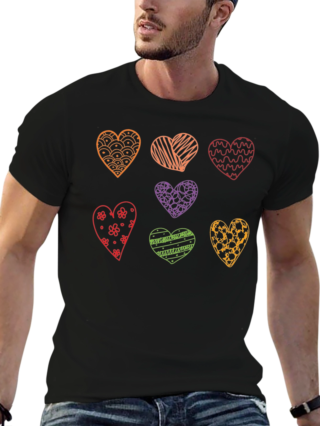 Heart Pattern Mens Black Graphic Tee