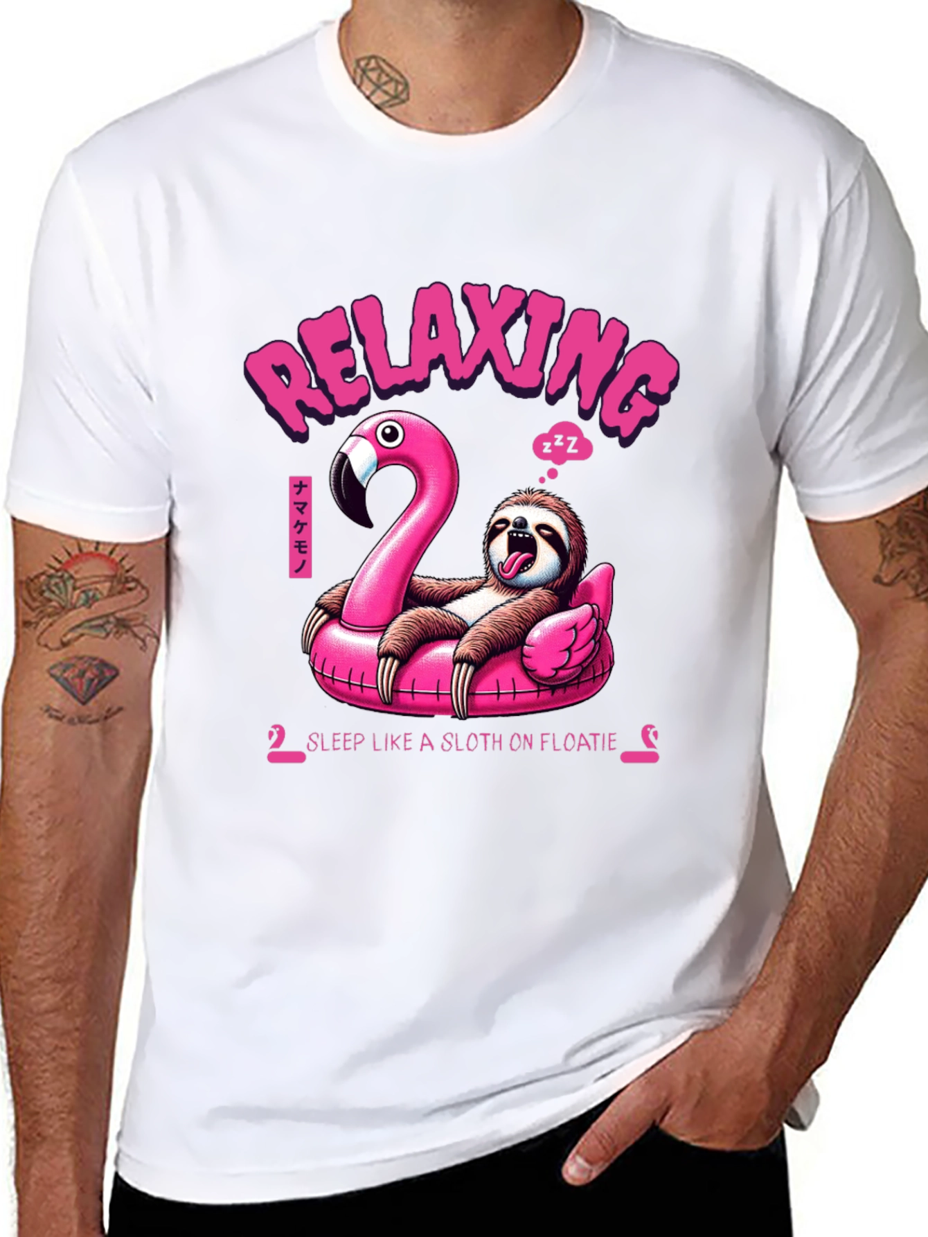 Relaxing Sloth on Flamingo Float T-Shirt