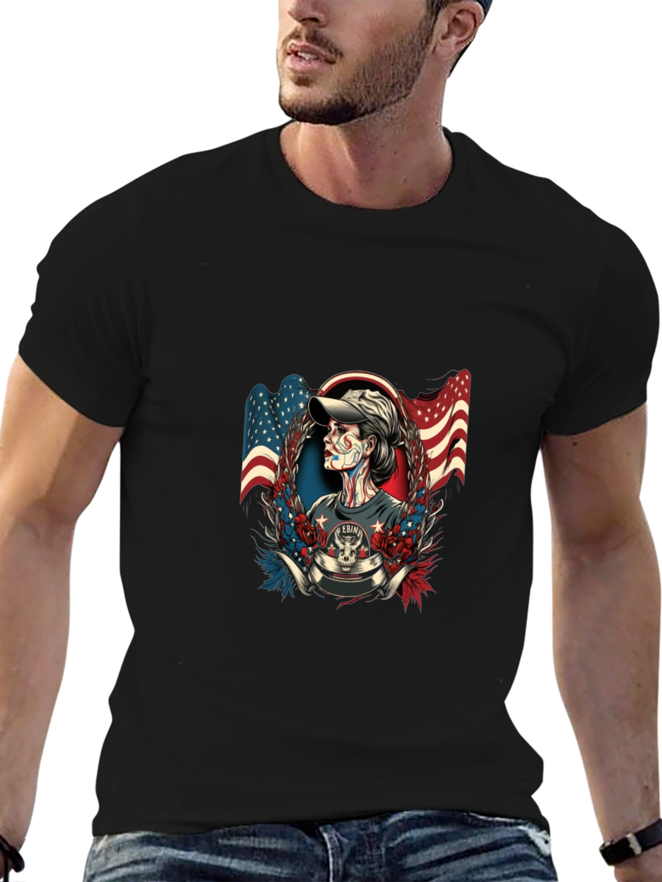Patriotic Skull American Flag Graphic T-Shirt
