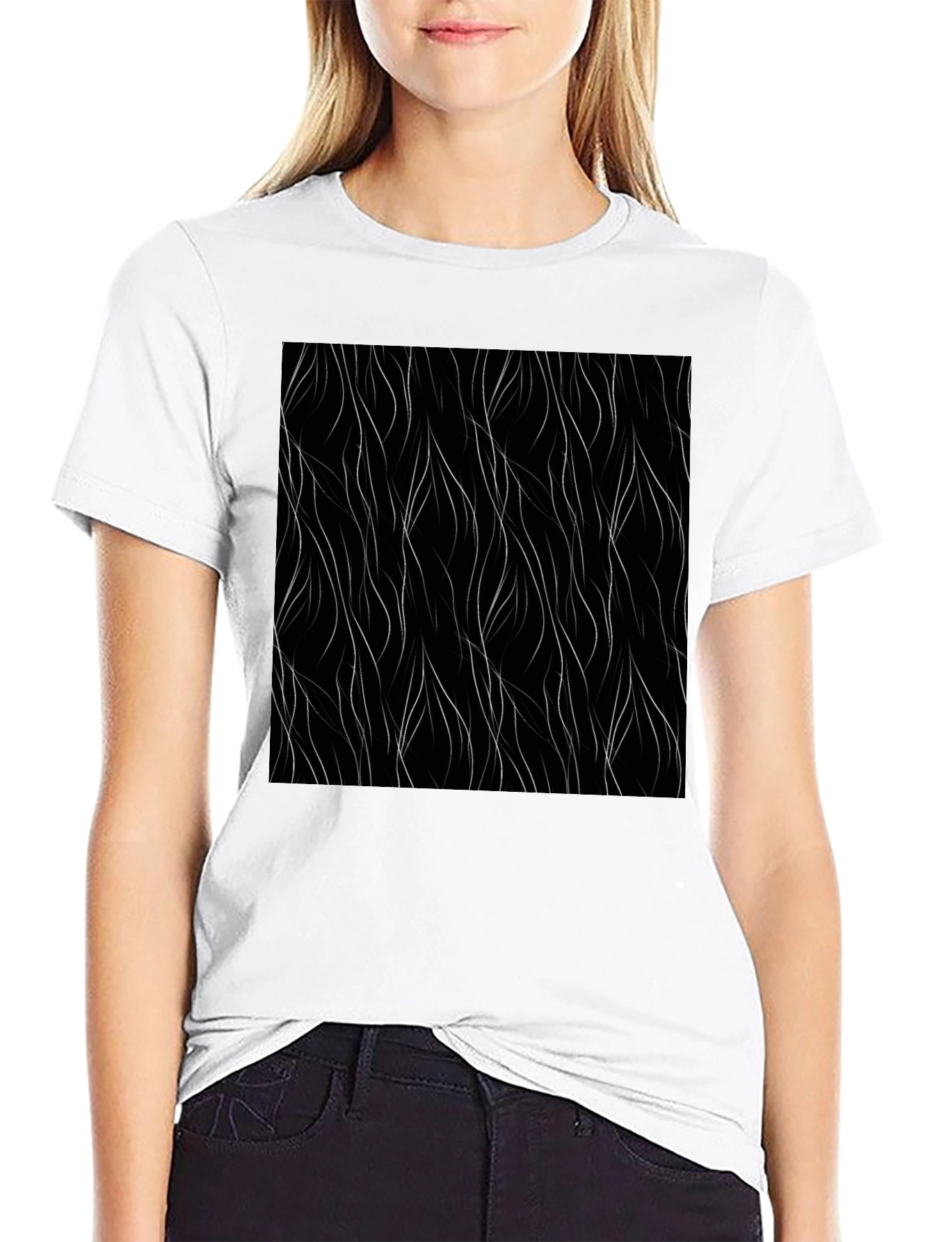 Modern Black Tee with Abstract Wavy Line Design