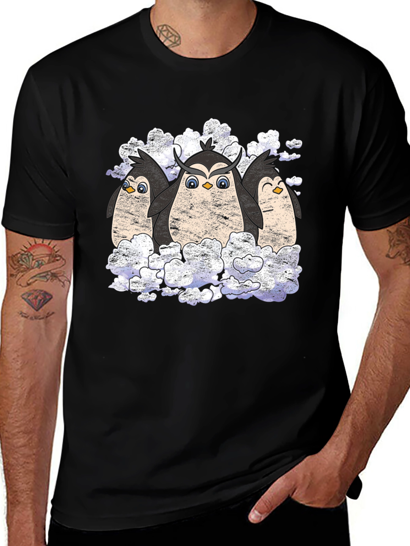 Penguin Owl Trio Black T-Shirt