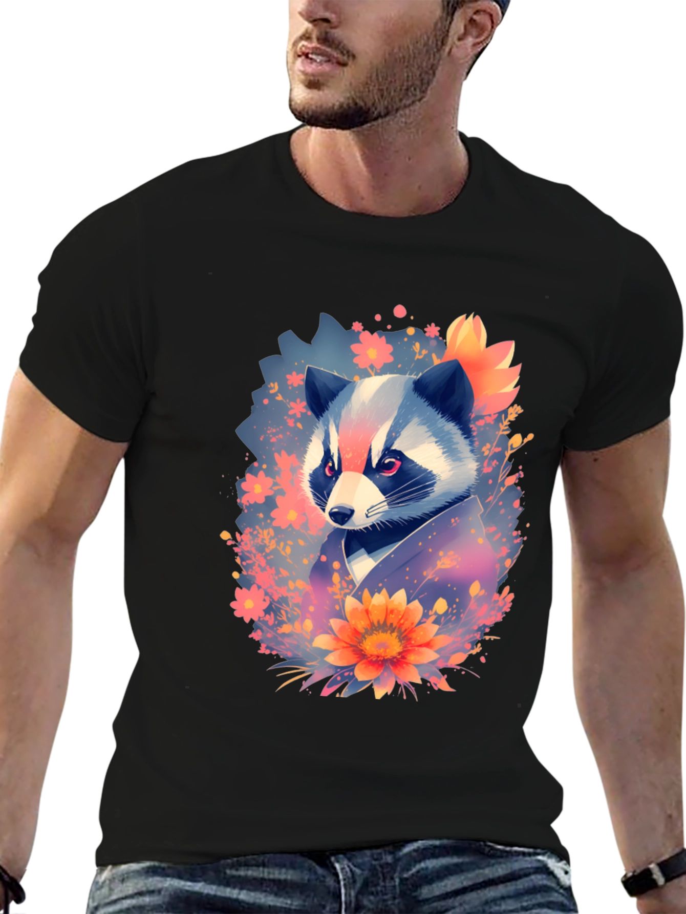 Floral Raccoon Graphic Black T-Shirt