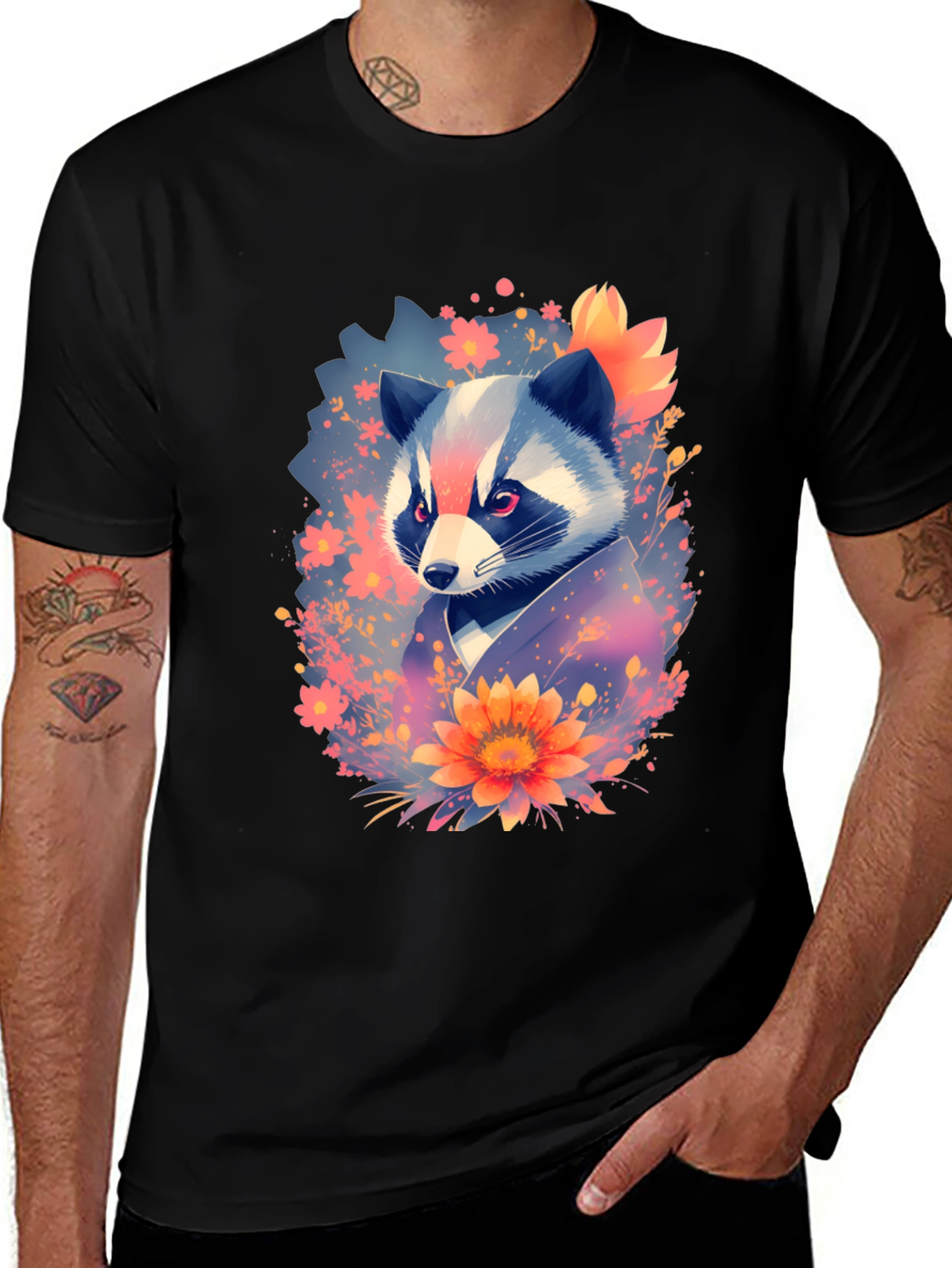 Floral Raccoon Graphic Black T-Shirt