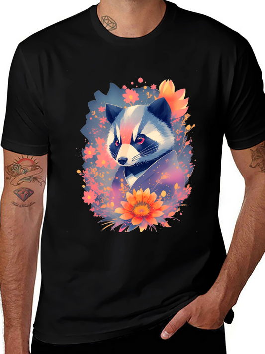 Floral Raccoon Graphic Black T-Shirt