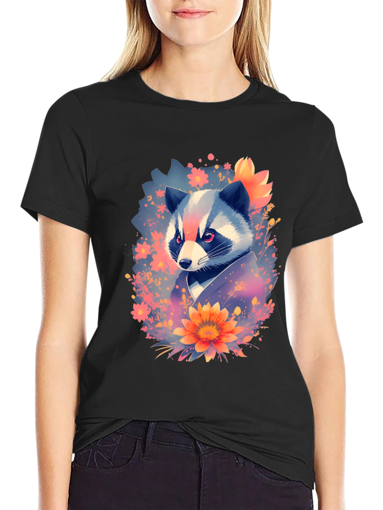 Floral Raccoon Graphic Black T-Shirt