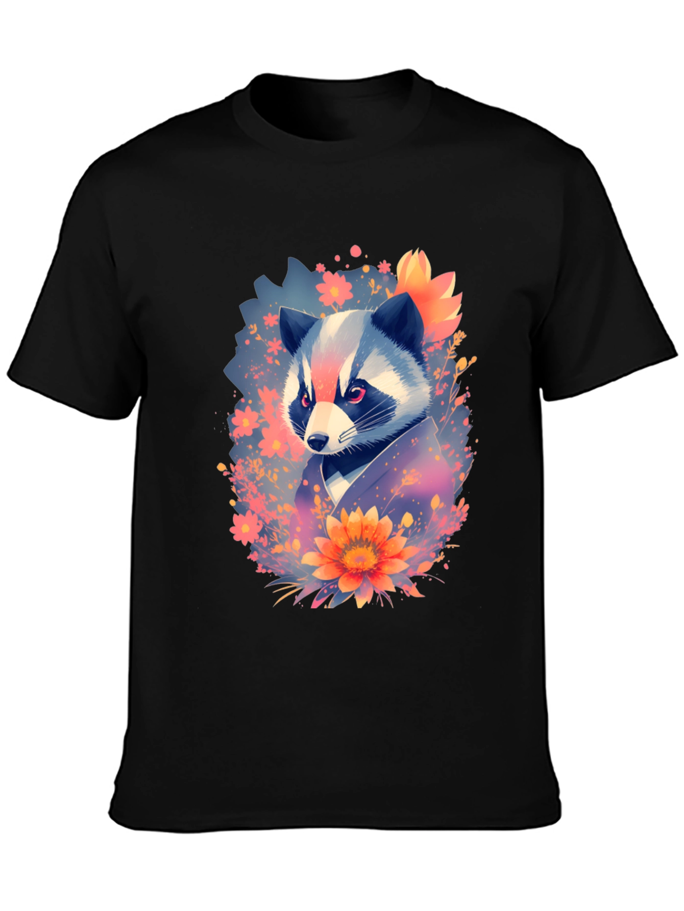 Floral Raccoon Graphic Black T-Shirt
