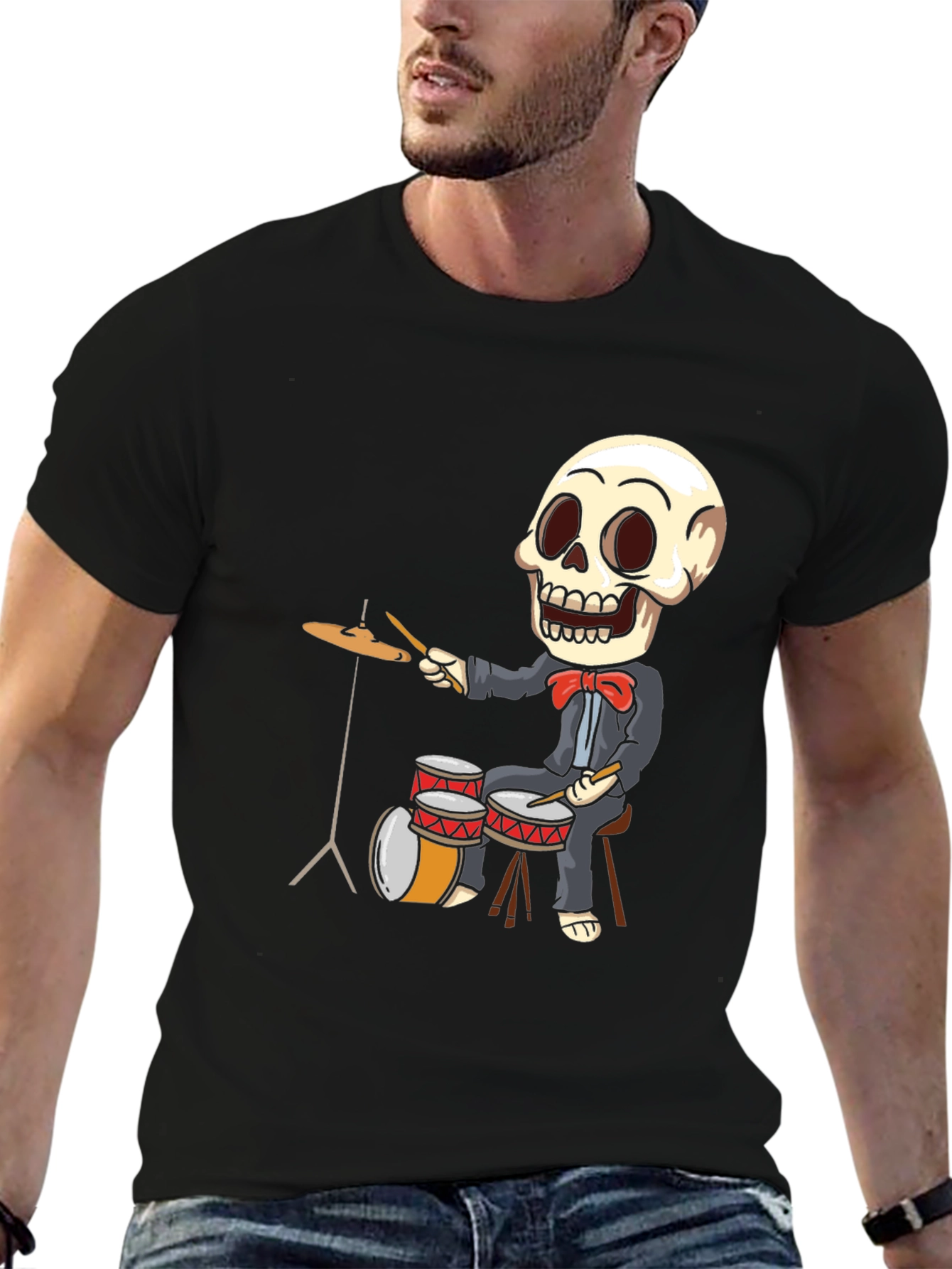 Skeleton Drummer T-Shirt - Black Cotton Tee