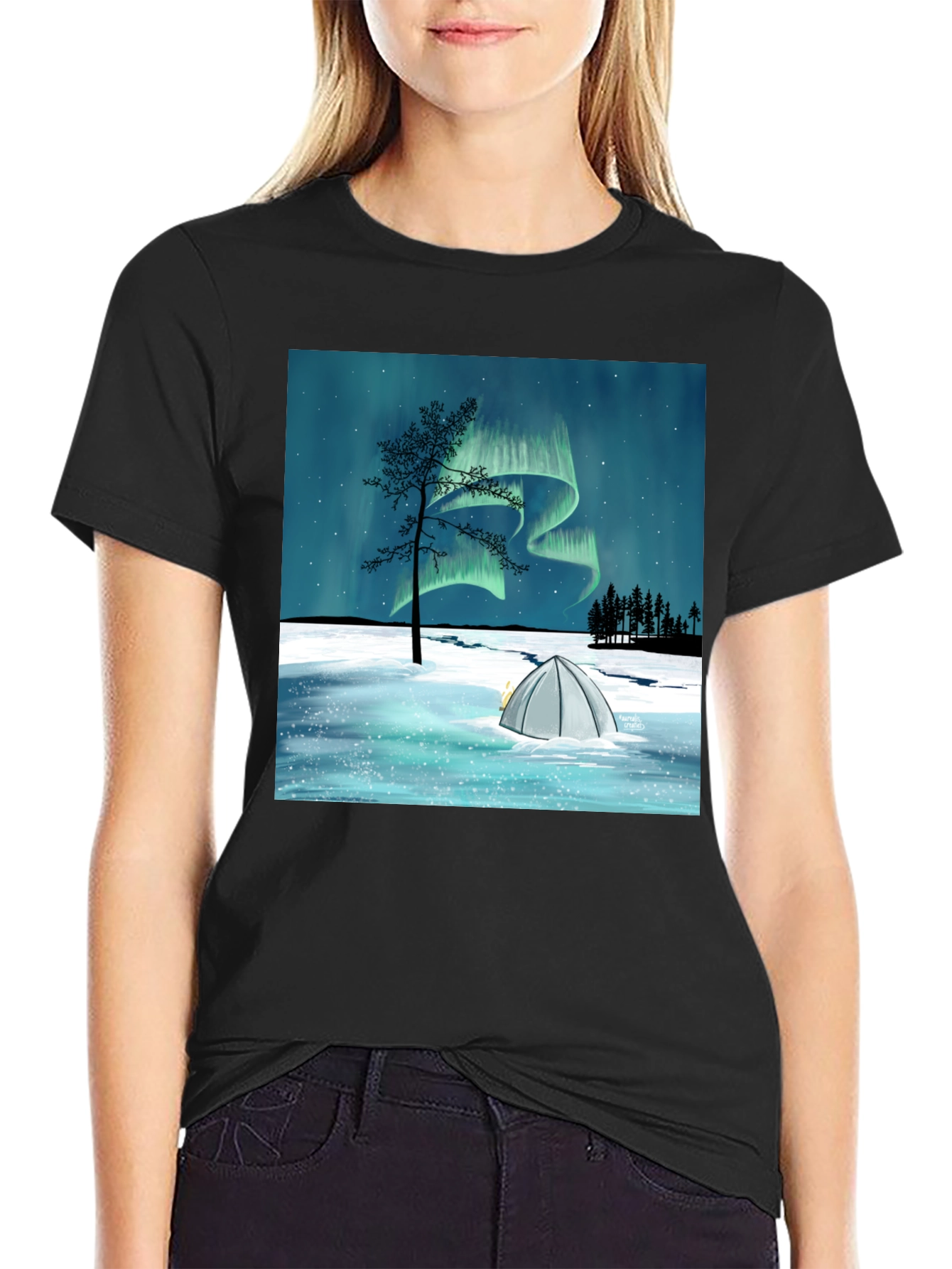 Northern Lights Camping Tee - Black Graphic T-Shirt