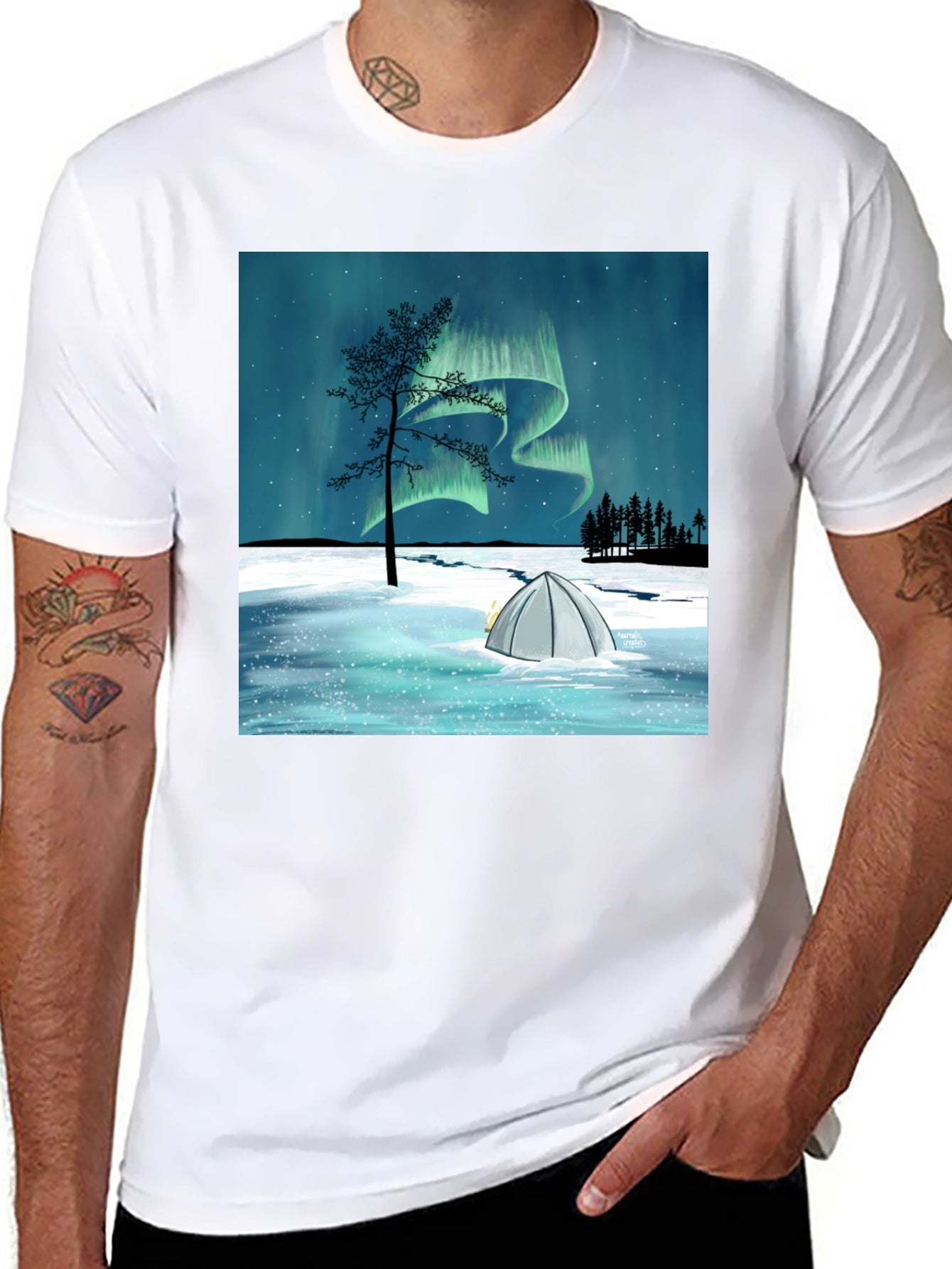 Northern Lights Camping Tee - Black Graphic T-Shirt