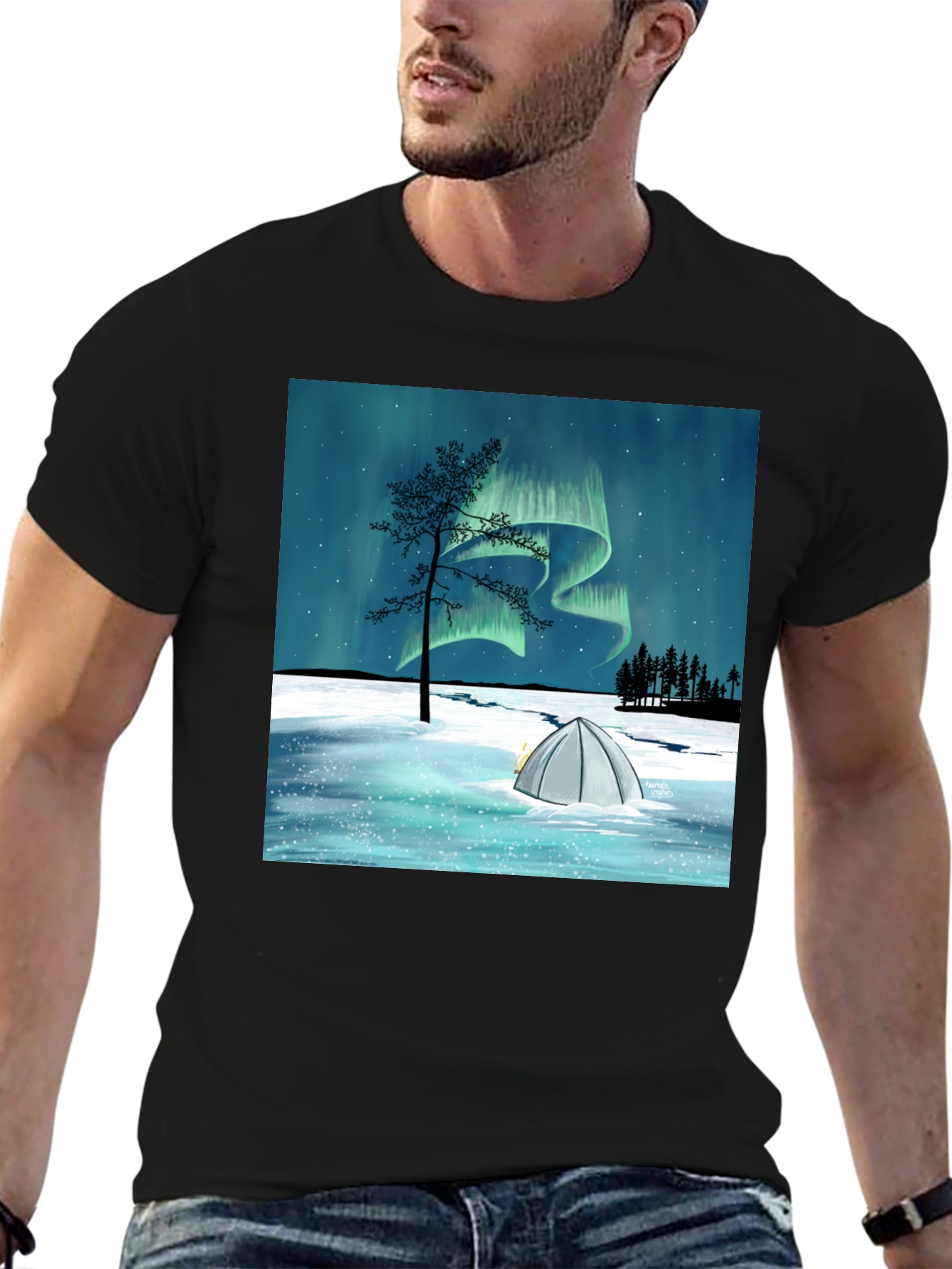 Northern Lights Camping Tee - Black Graphic T-Shirt