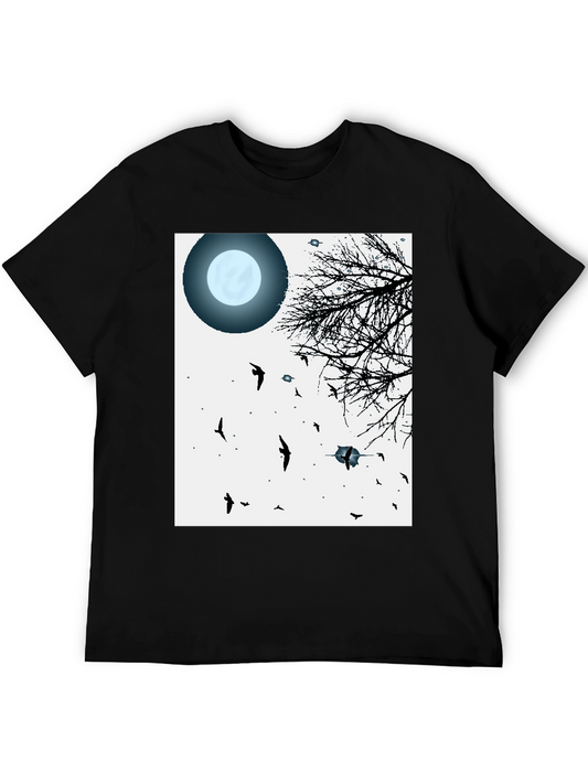 Moonlit Tree & Birds Graphic Tee - Mens Black T-Shirt