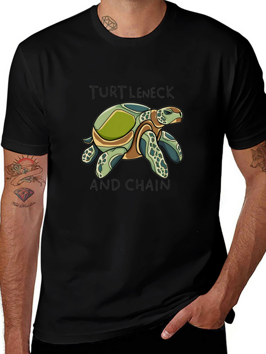Turtle Graphic Tee - Turtleneck and Chain Black Cotton T-Shirt