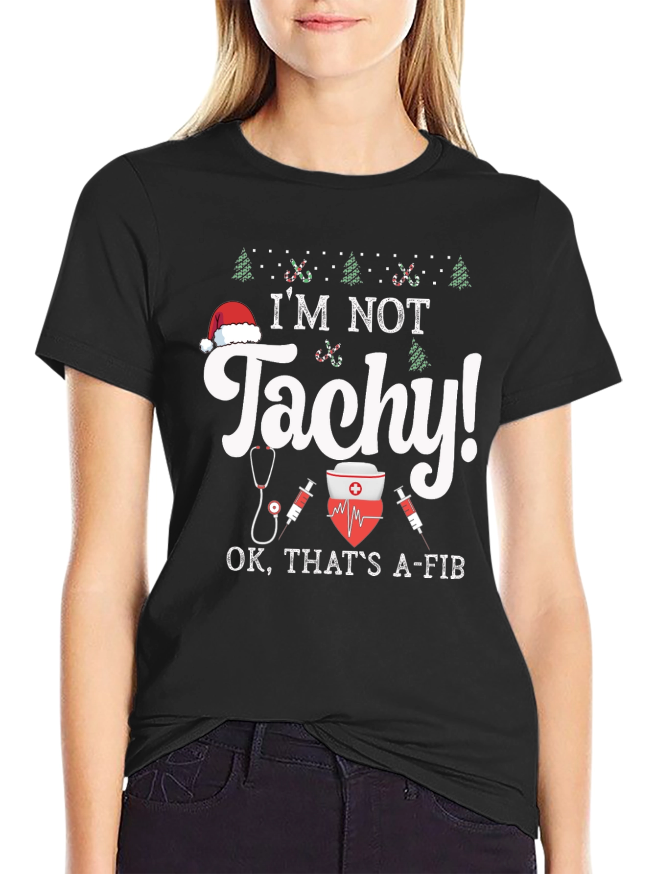 Funny Christmas Nurse Tachycardia A-fib Black T-Shirt
