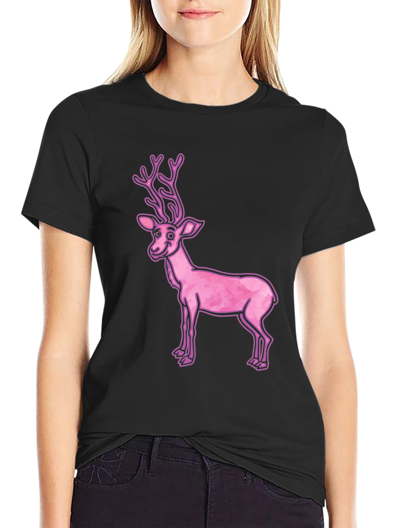 Pink Reindeer Graphic Tee - Casual Black T-Shirt