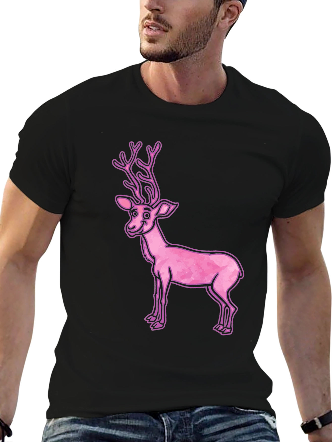 Pink Reindeer Graphic Tee - Casual Black T-Shirt