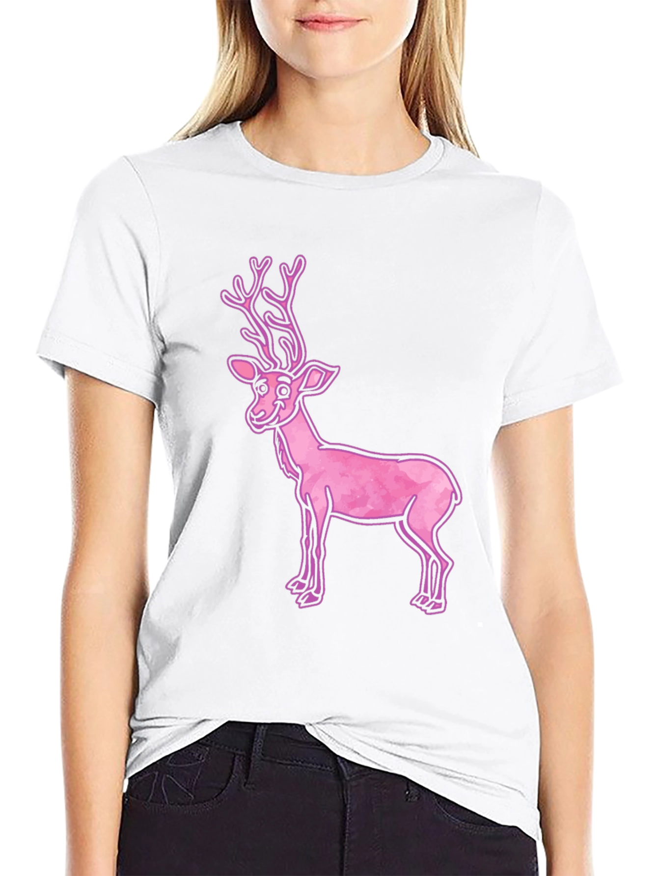 Pink Reindeer Graphic Tee - Casual Black T-Shirt
