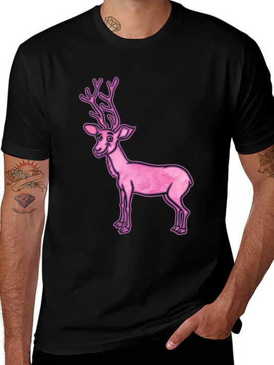 Pink Reindeer Graphic Tee - Casual Black T-Shirt