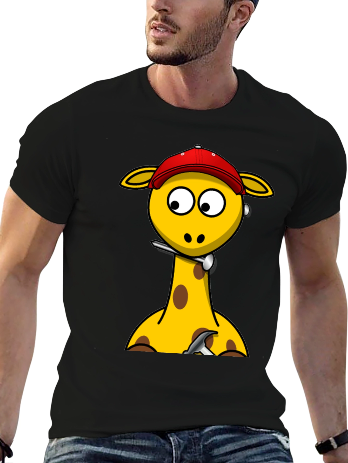 Giraffe Cartoon Graphic T-Shirt - Black