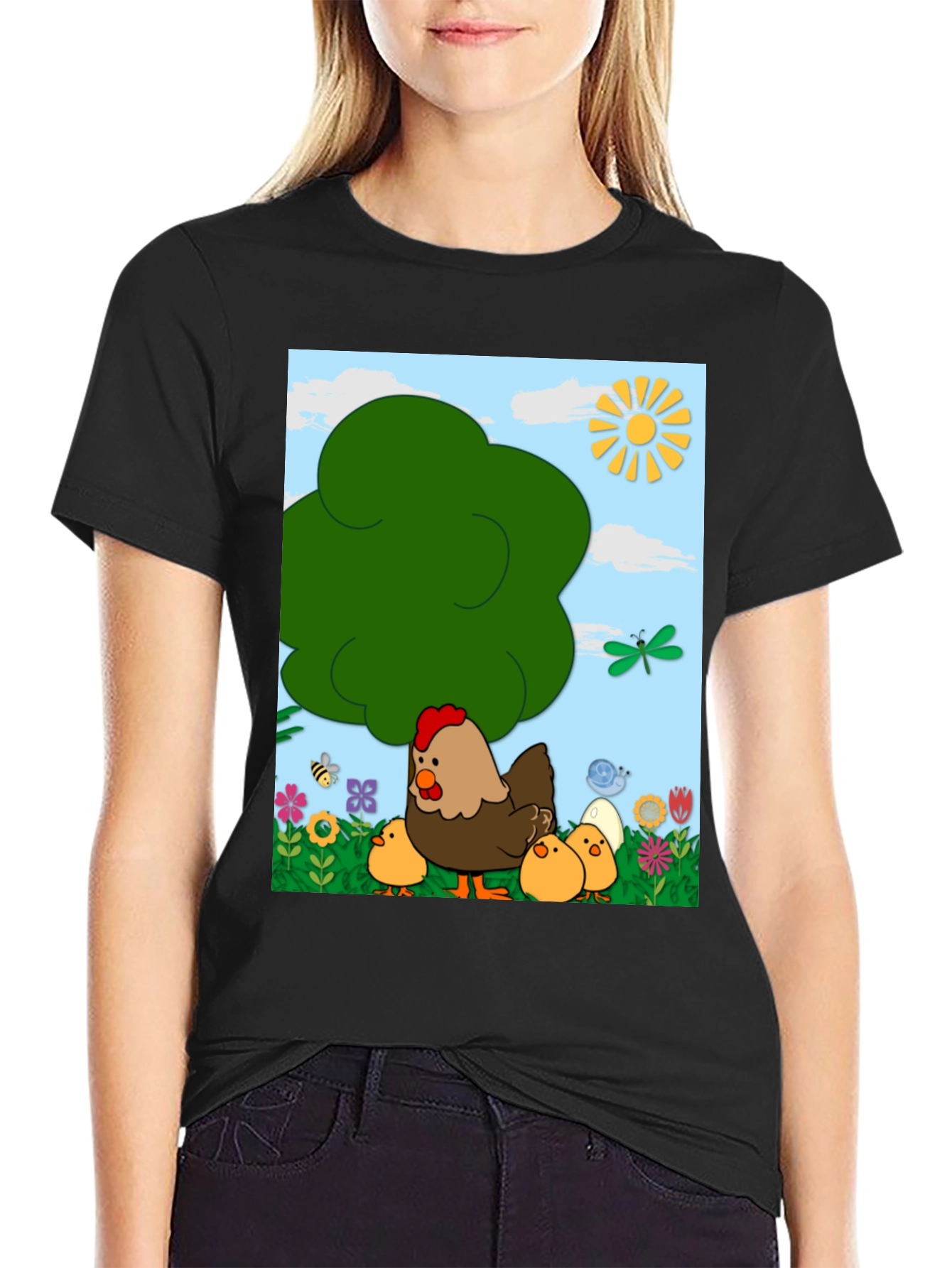 Cartoon Chicken & Chicks Graphic Tee