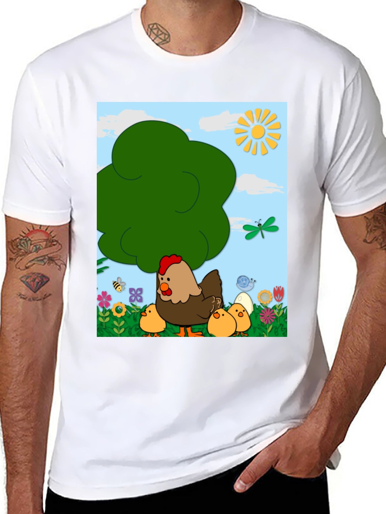 Cartoon Chicken & Chicks Graphic Tee