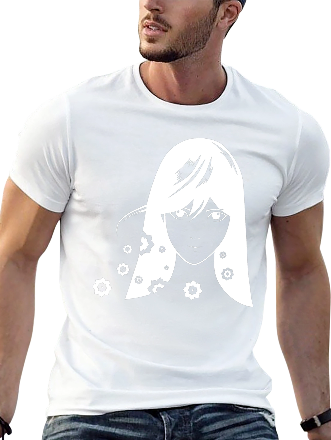 Anime Girl Floral T-Shirt - Black Graphic Tee