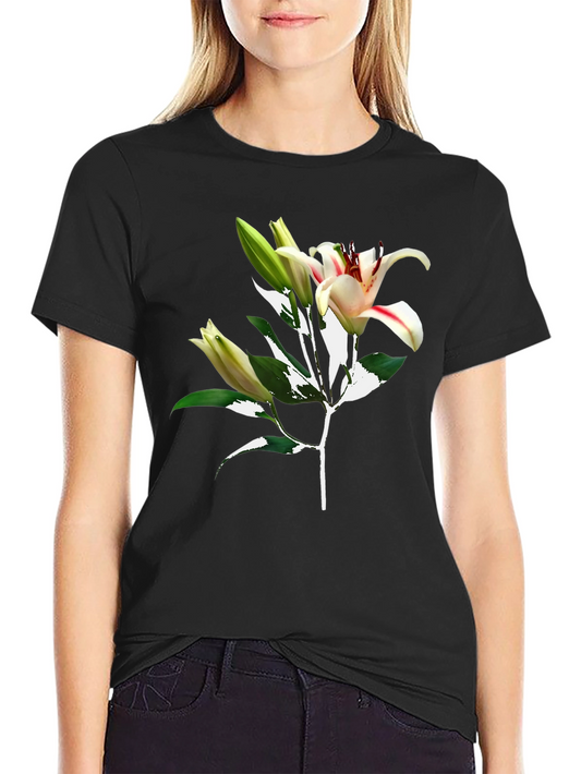 Lily Flower Print T-Shirt - Casual Black Tee