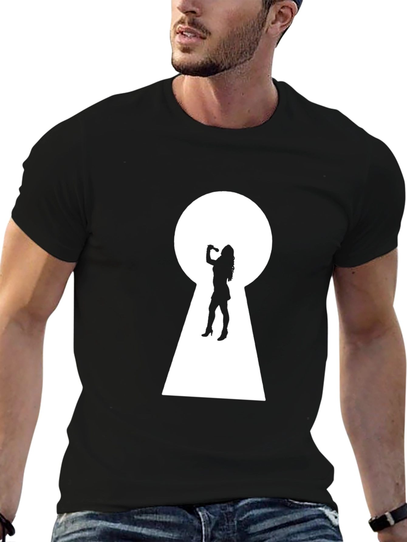 Keyhole Silhouette Graphic Tee - Black Cotton T-Shirt
