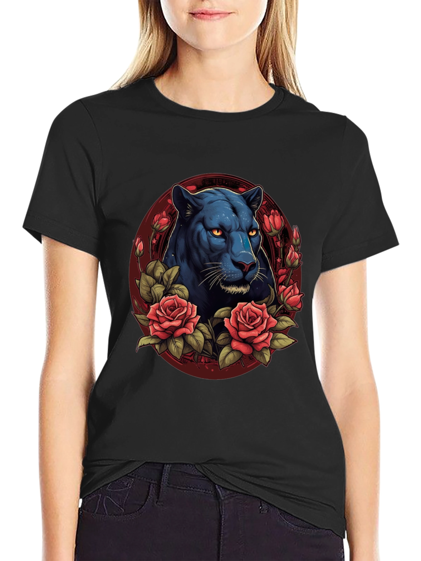 Black Panther & Roses Graphic T-Shirt