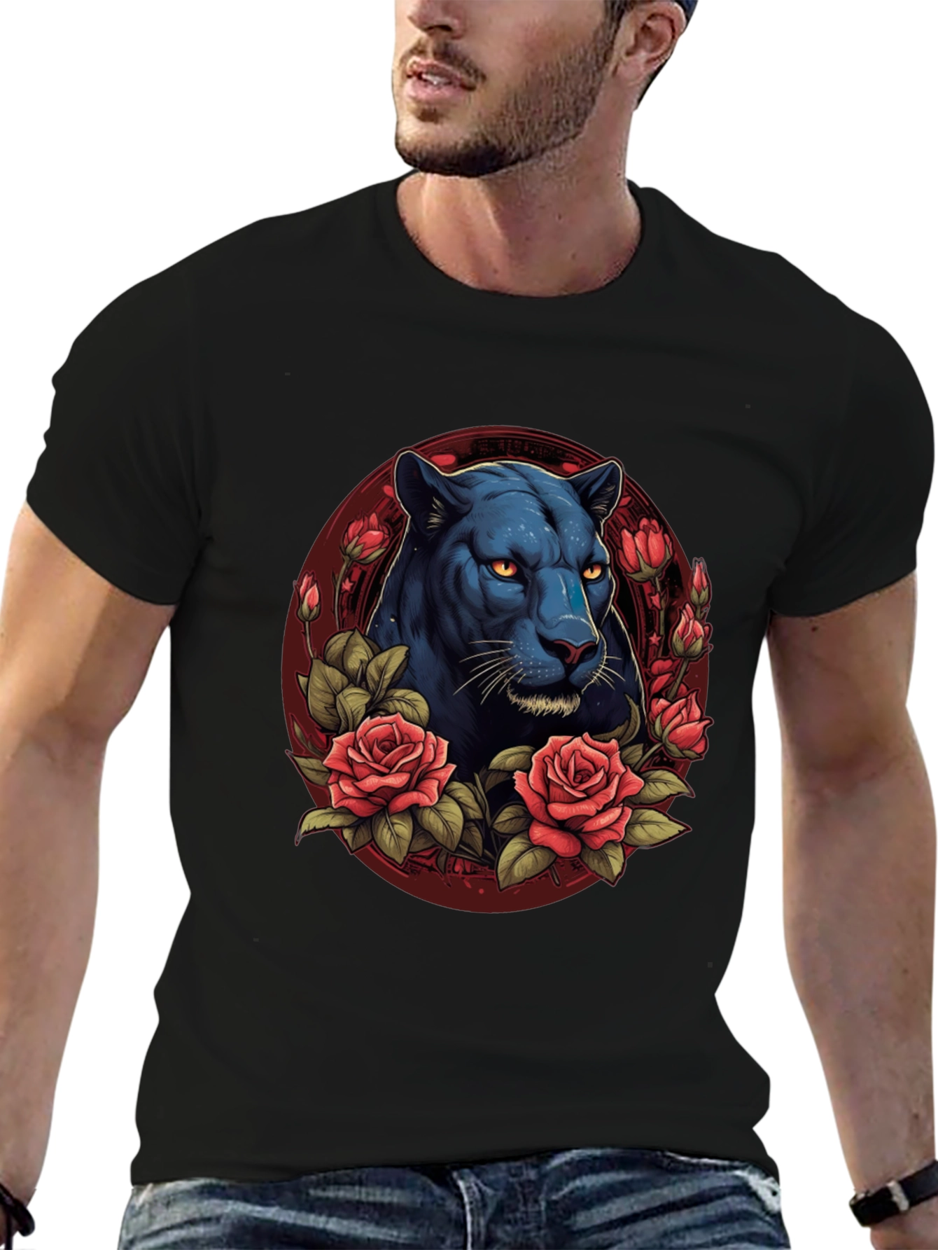 Black Panther & Roses Graphic T-Shirt