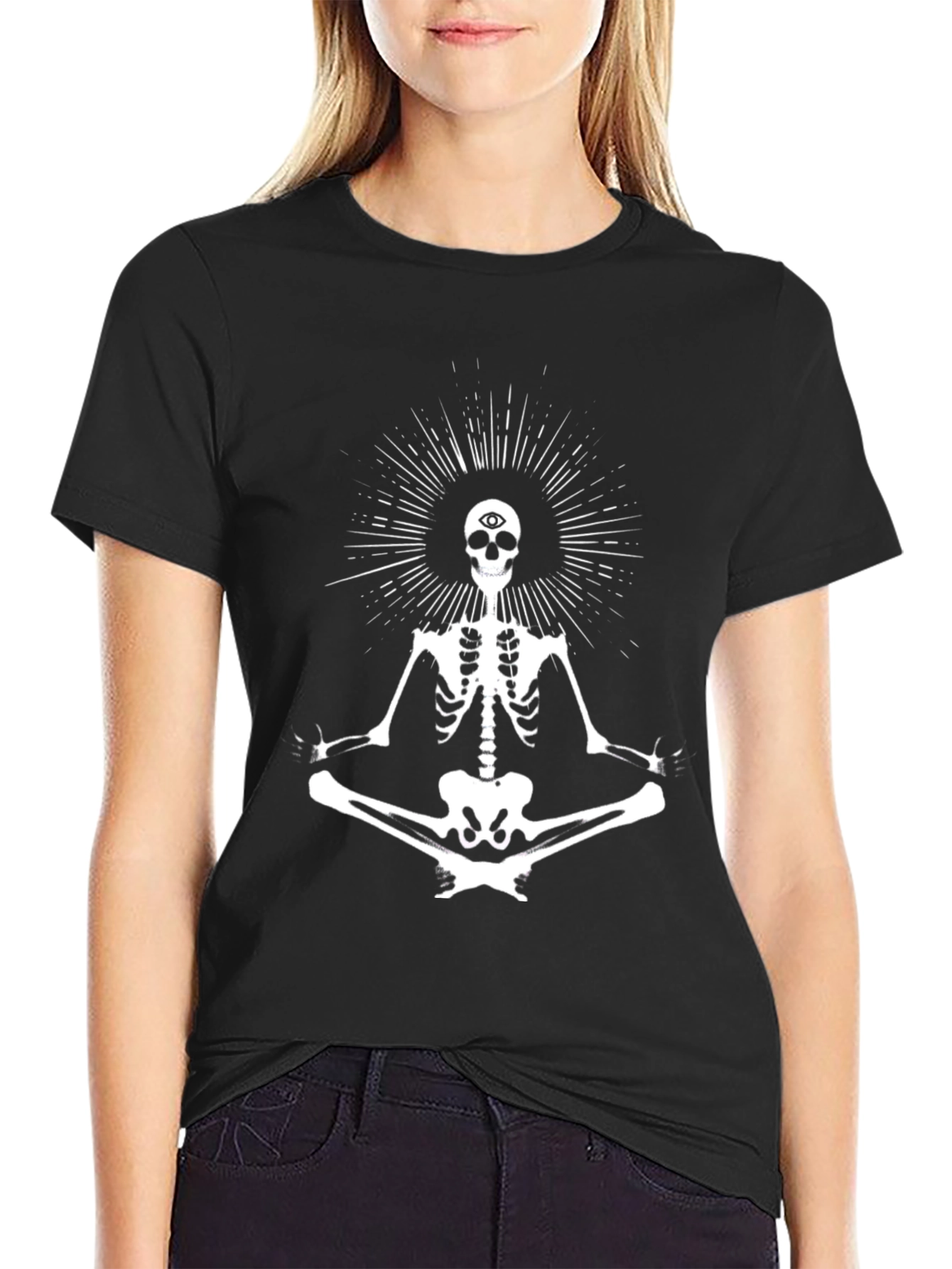 Meditating Skeleton Graphic Tee - Black Cotton Blend