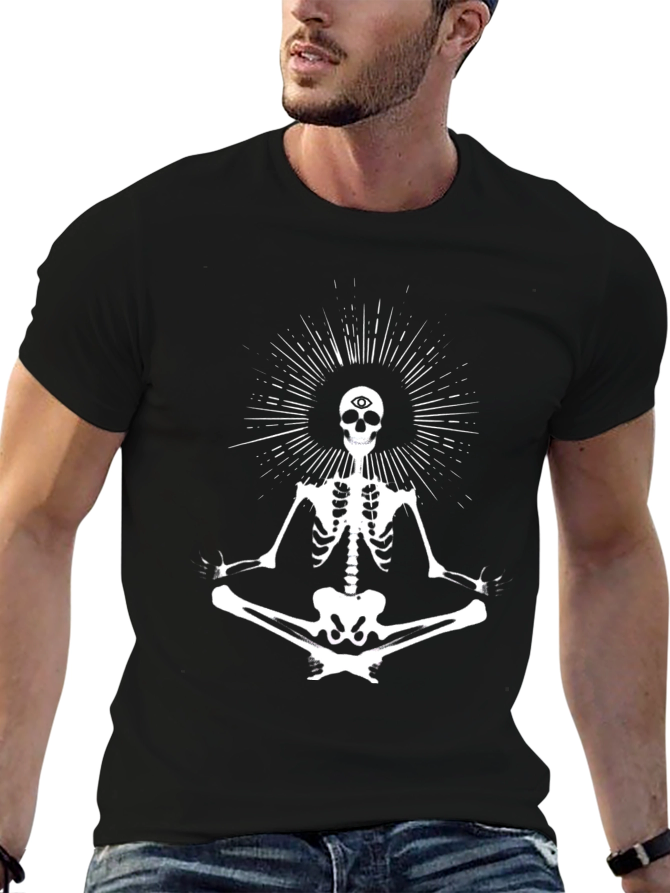 Meditating Skeleton Graphic Tee - Black Cotton Blend