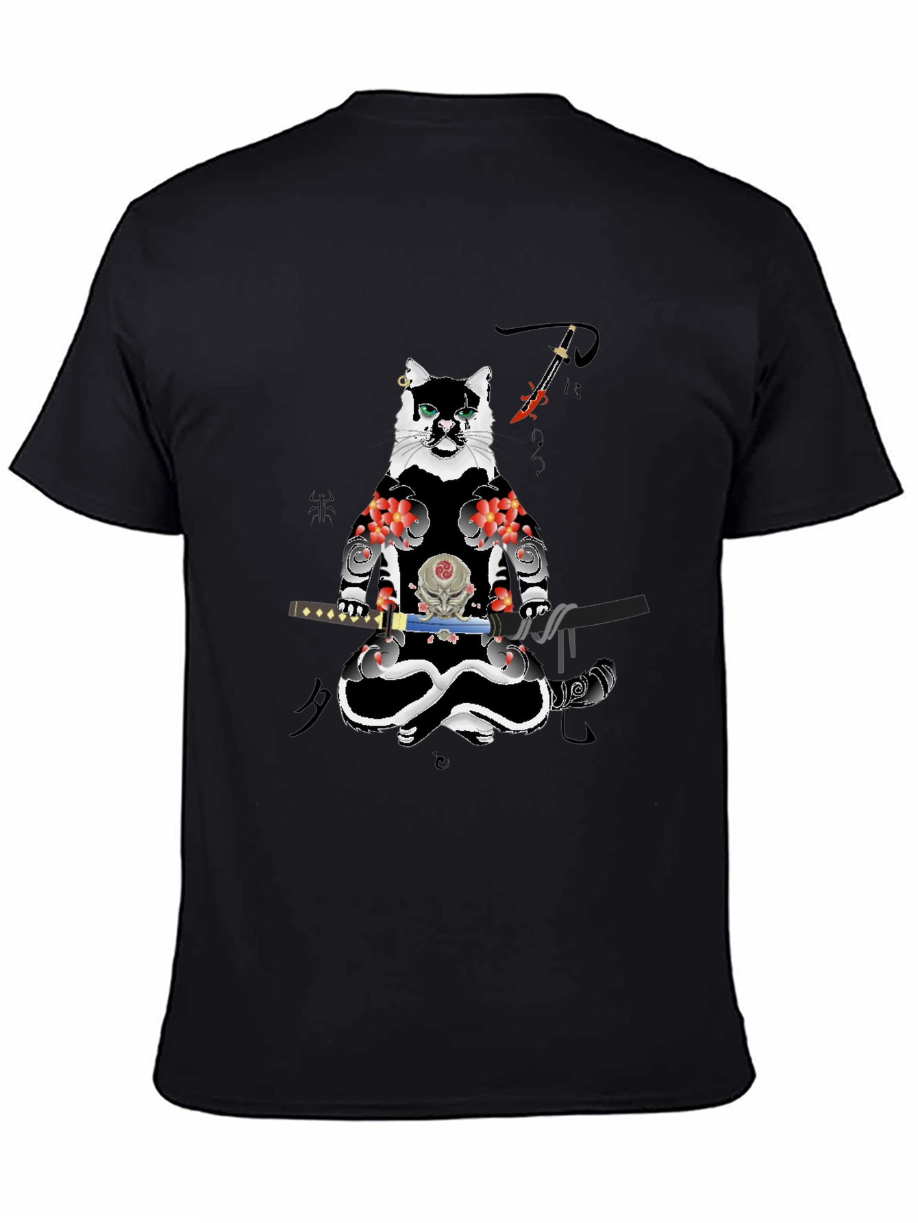 Samurai Cat T-Shirt - Black Cotton Blend Tee