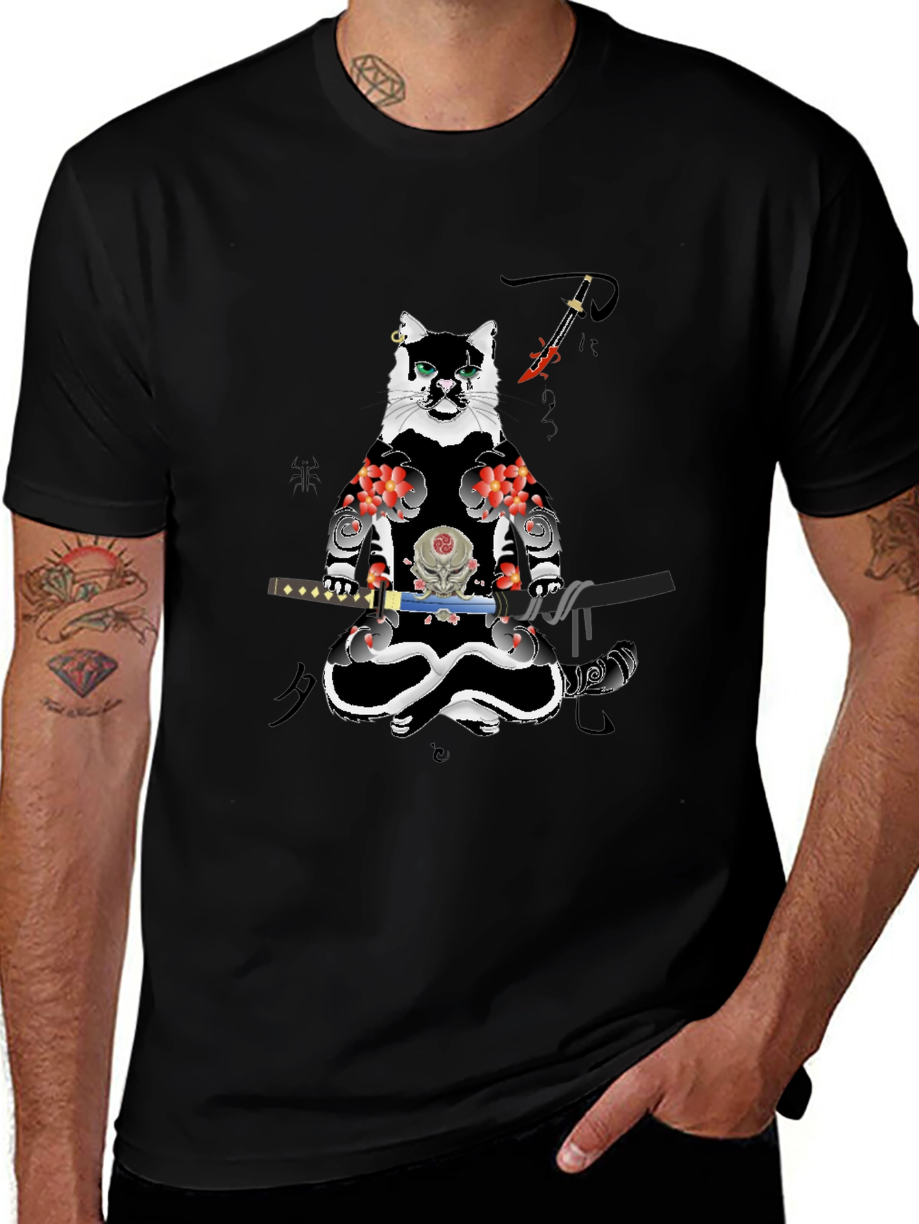 Samurai Cat T-Shirt - Black Cotton Blend Tee