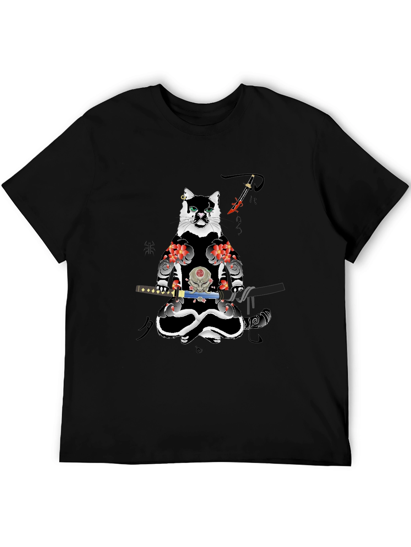 Samurai Cat T-Shirt - Black Cotton Blend Tee