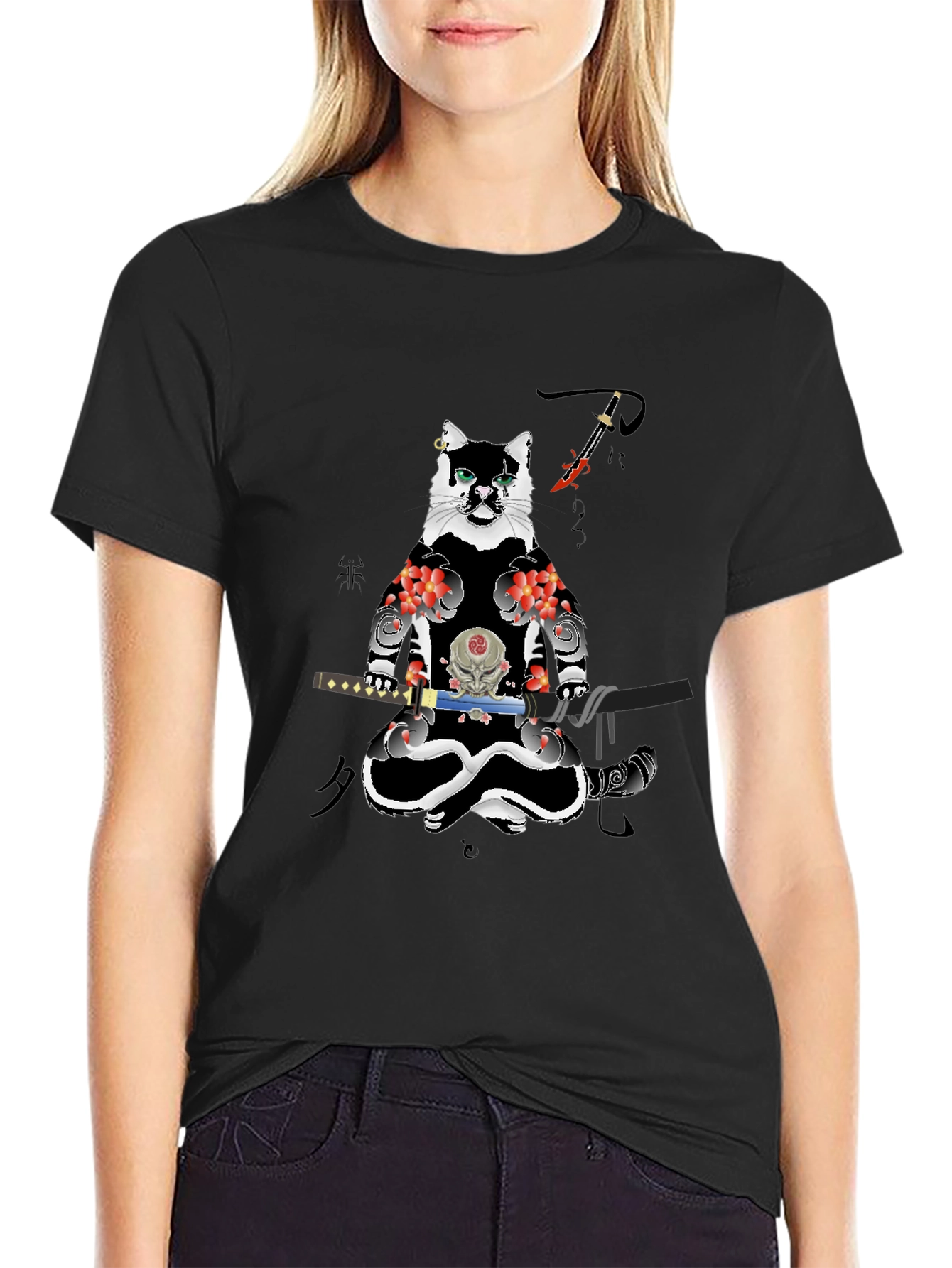 Samurai Cat T-Shirt - Black Cotton Blend Tee
