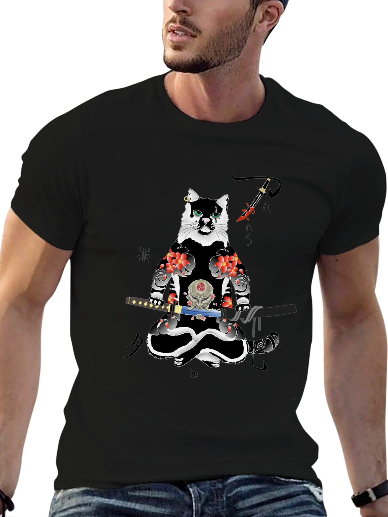 Samurai Cat T-Shirt - Black Cotton Blend Tee
