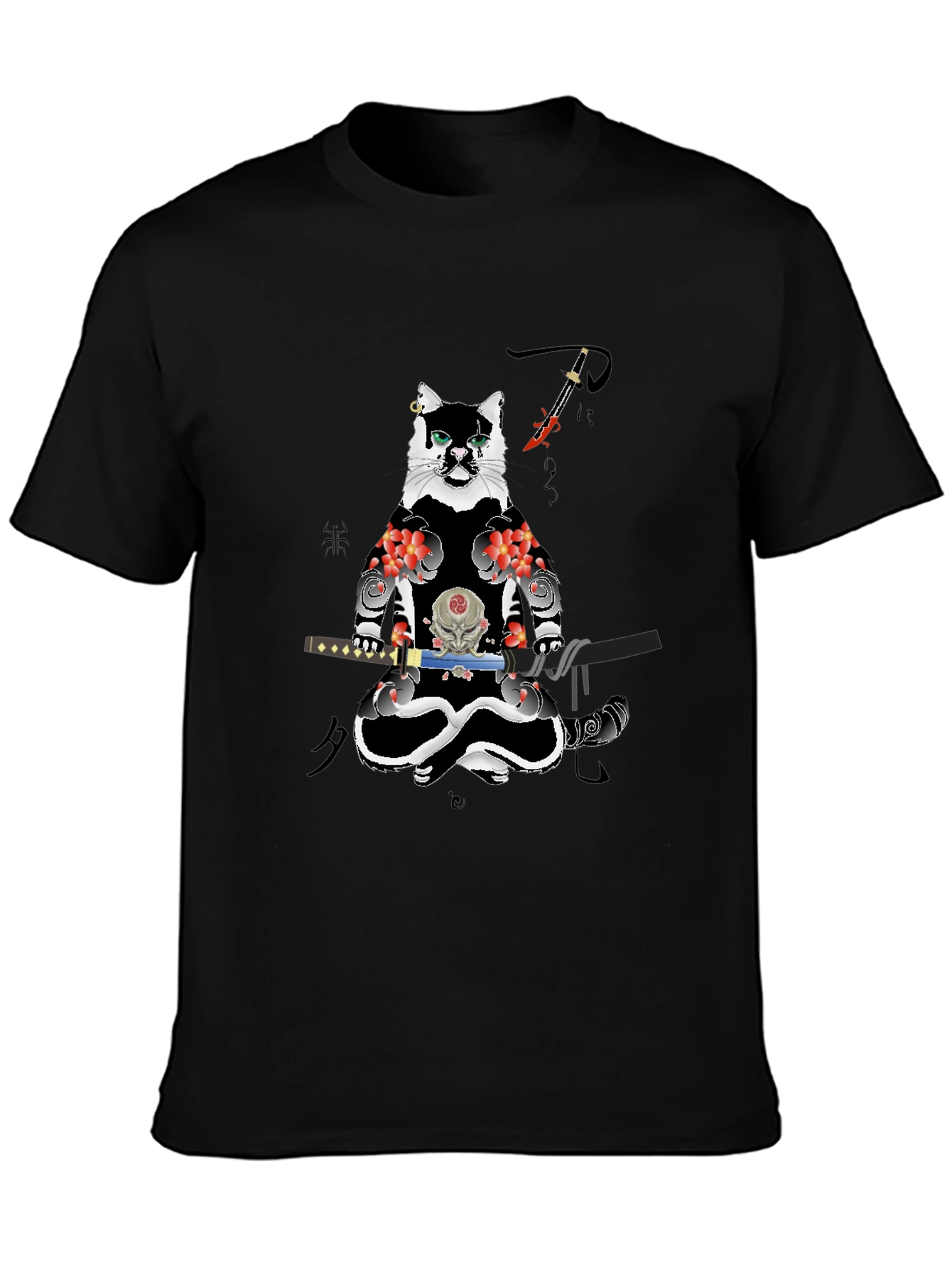 Samurai Cat T-Shirt - Black Cotton Blend Tee