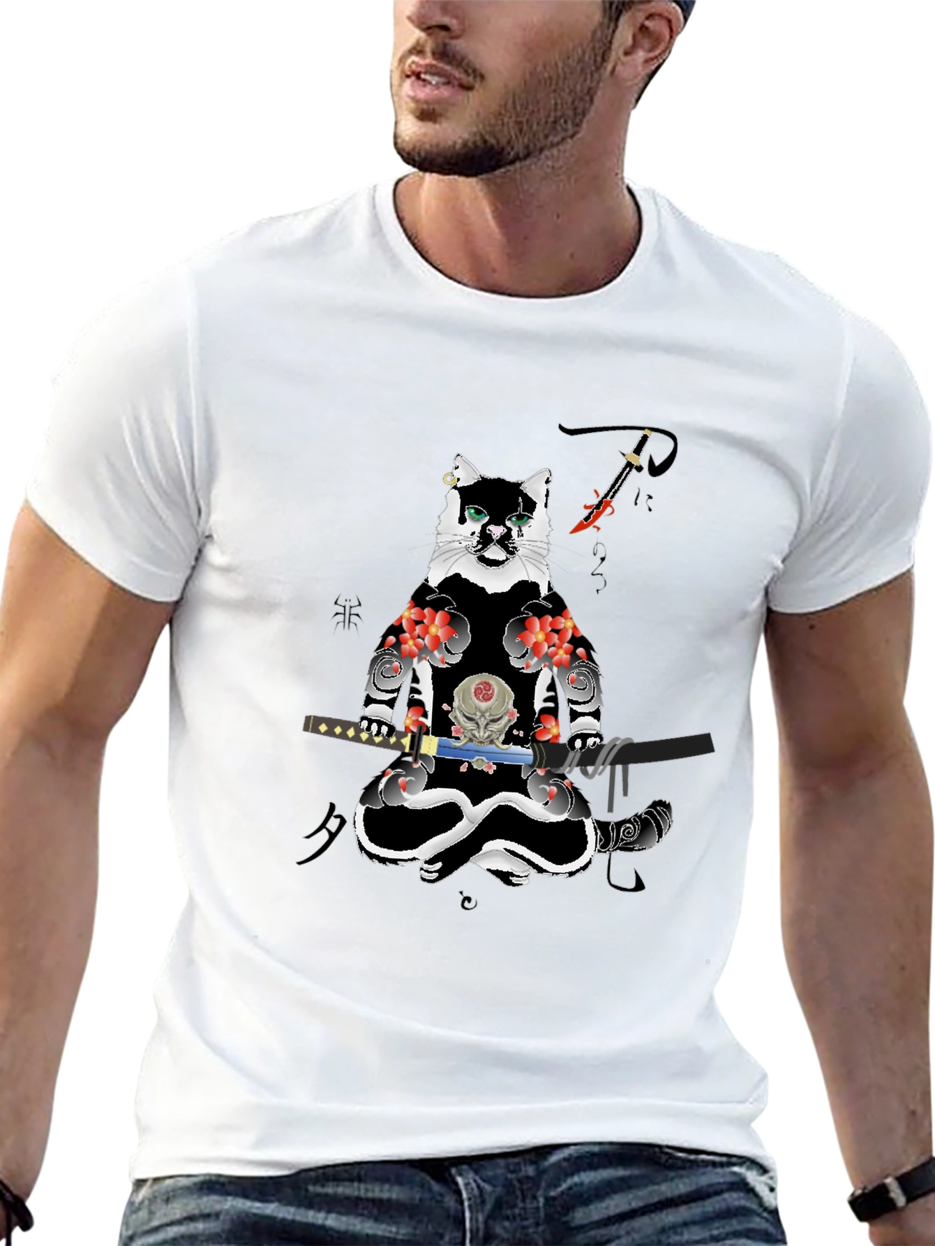 Samurai Cat T-Shirt - Black Cotton Blend Tee