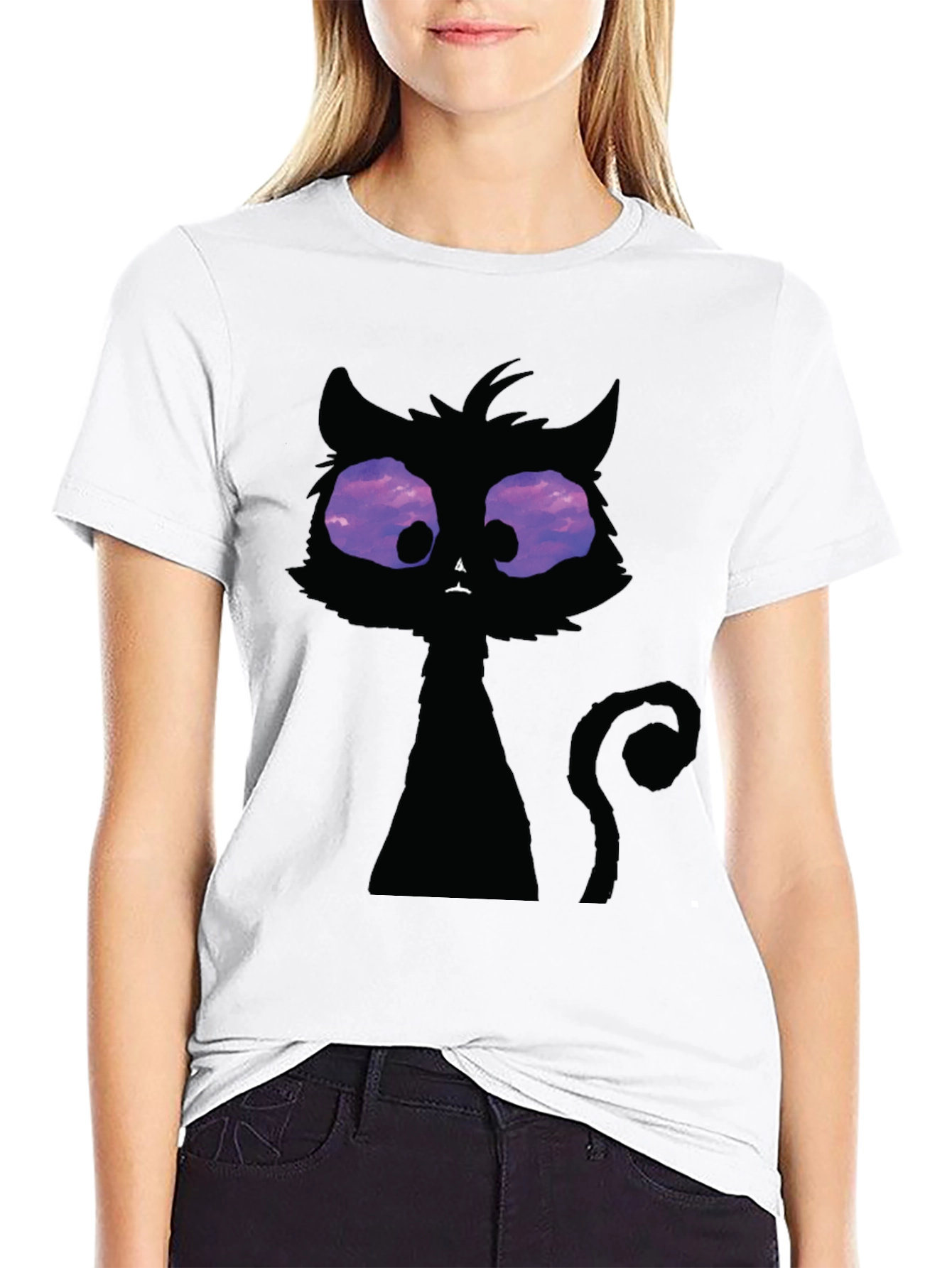 Whimsical Cat T-Shirt: Black Crew Neck with Unique Design