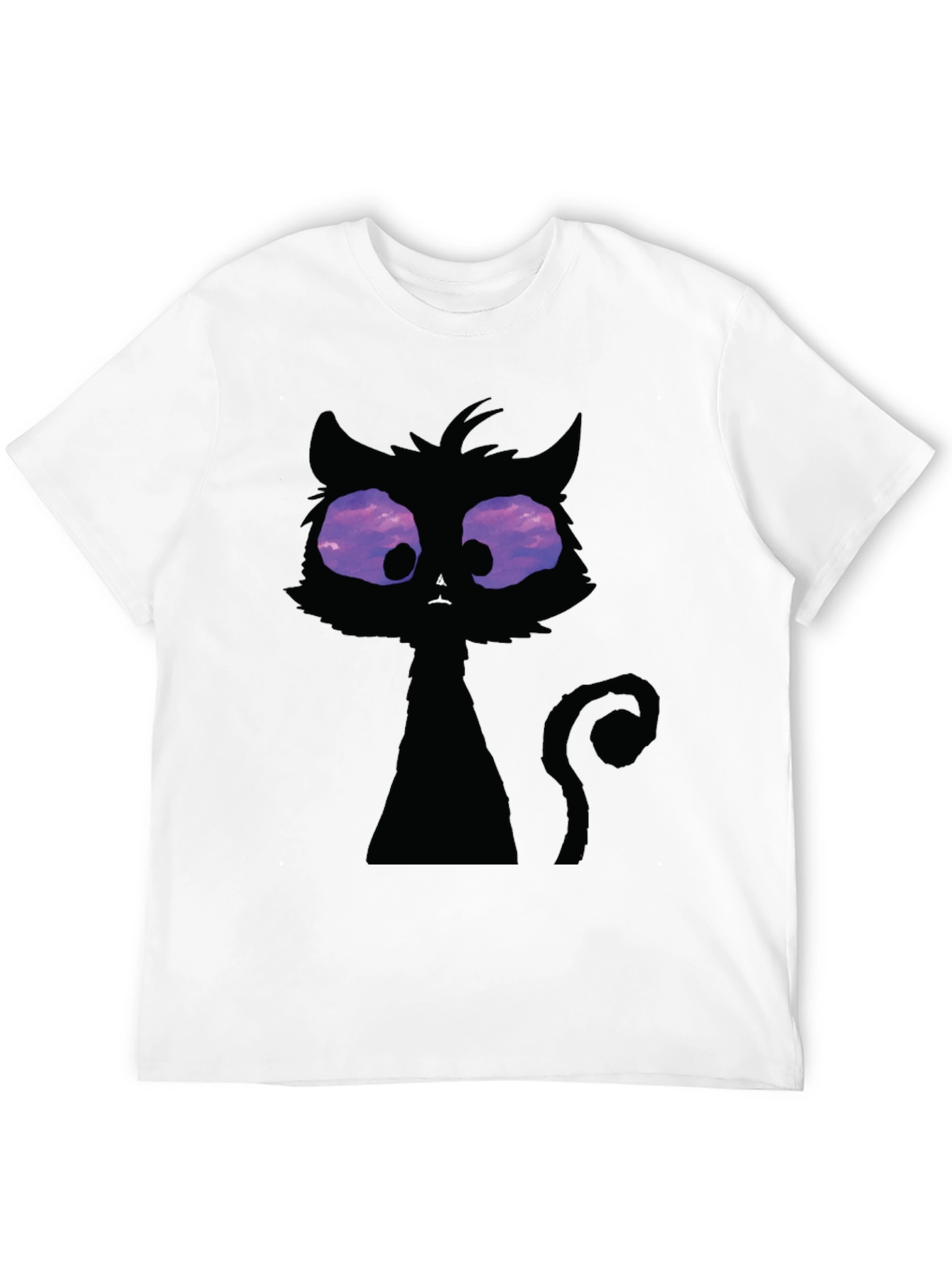 Whimsical Cat T-Shirt: Black Crew Neck with Unique Design