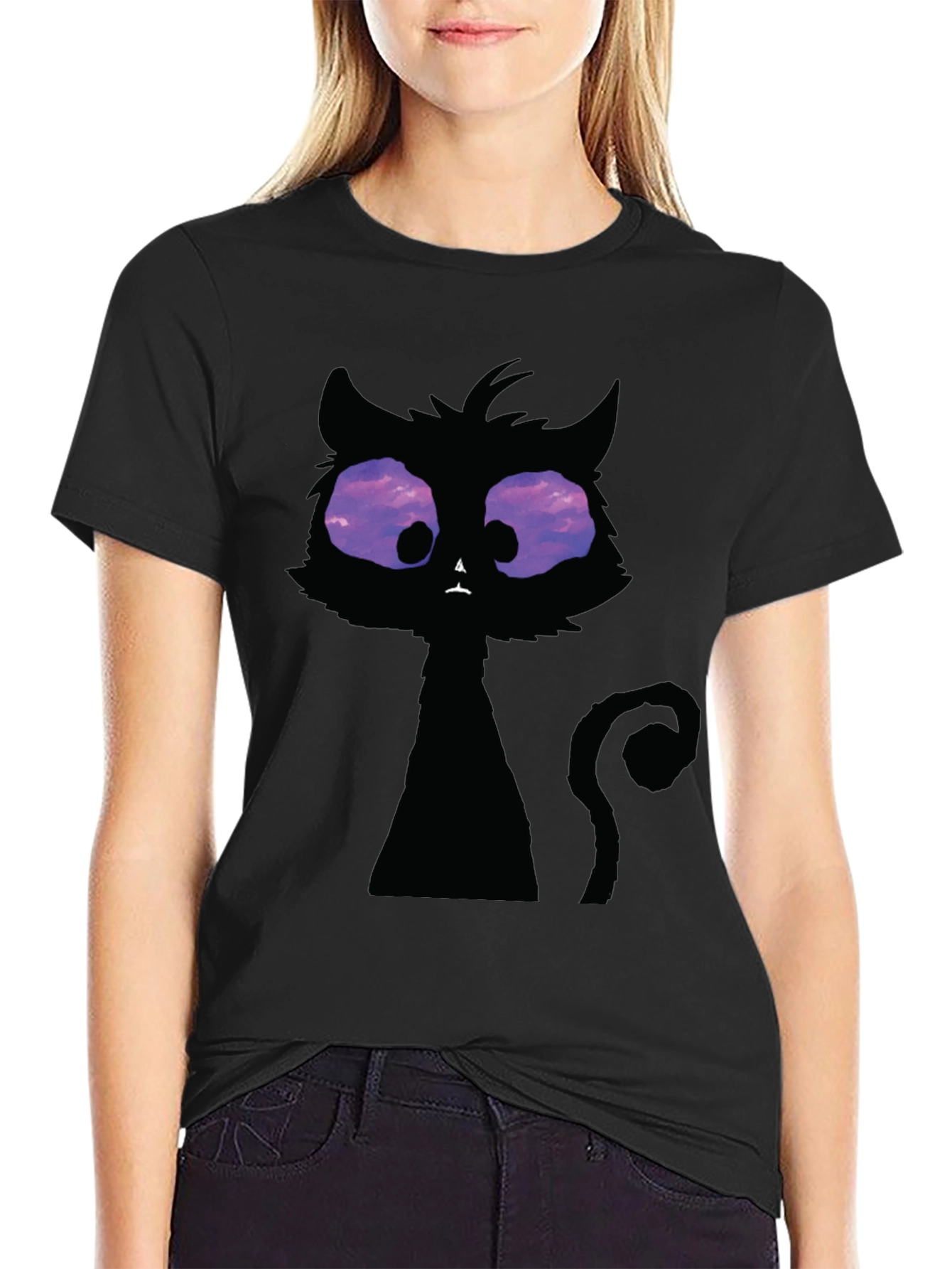 Whimsical Cat T-Shirt: Black Crew Neck with Unique Design