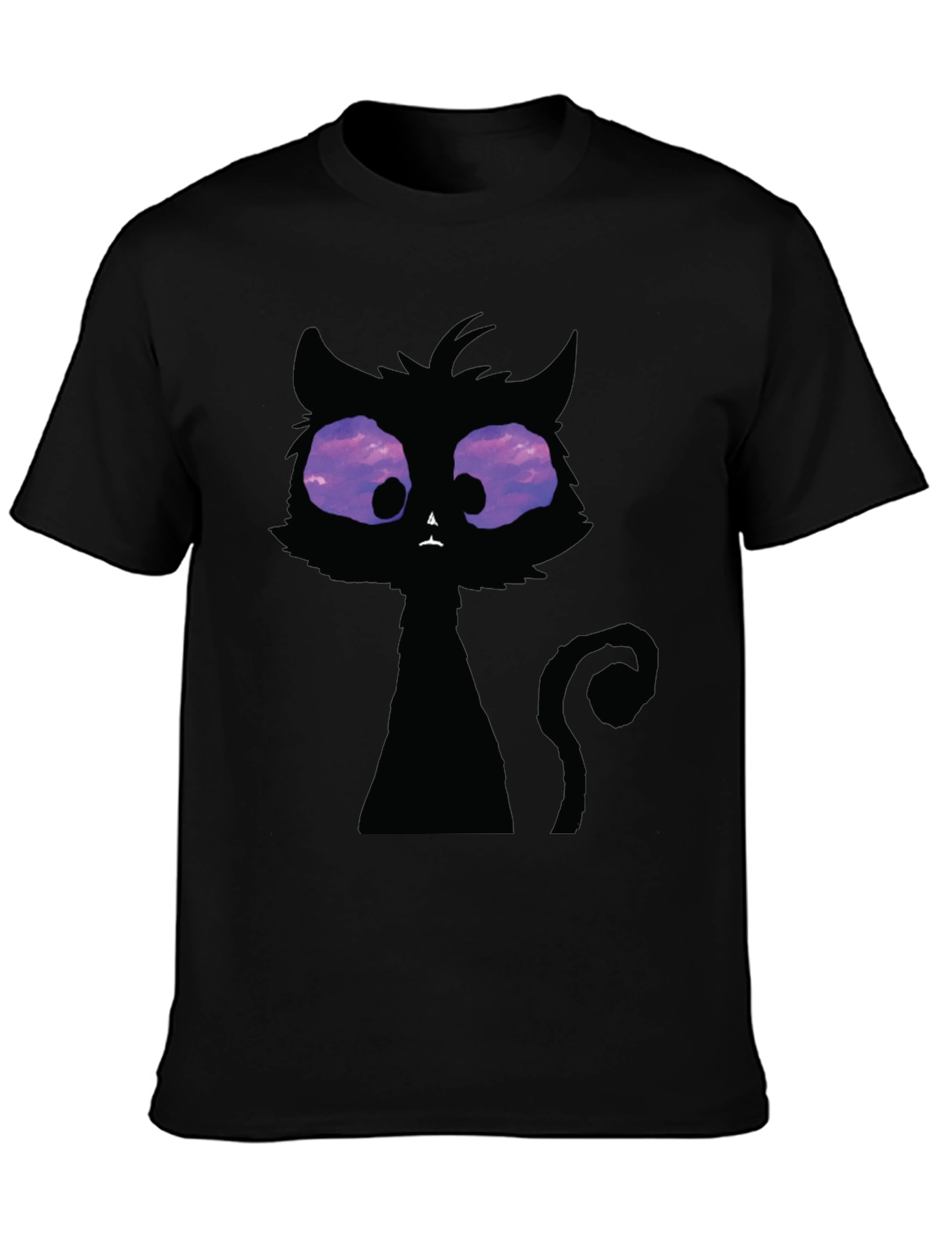 Whimsical Cat T-Shirt: Black Crew Neck with Unique Design