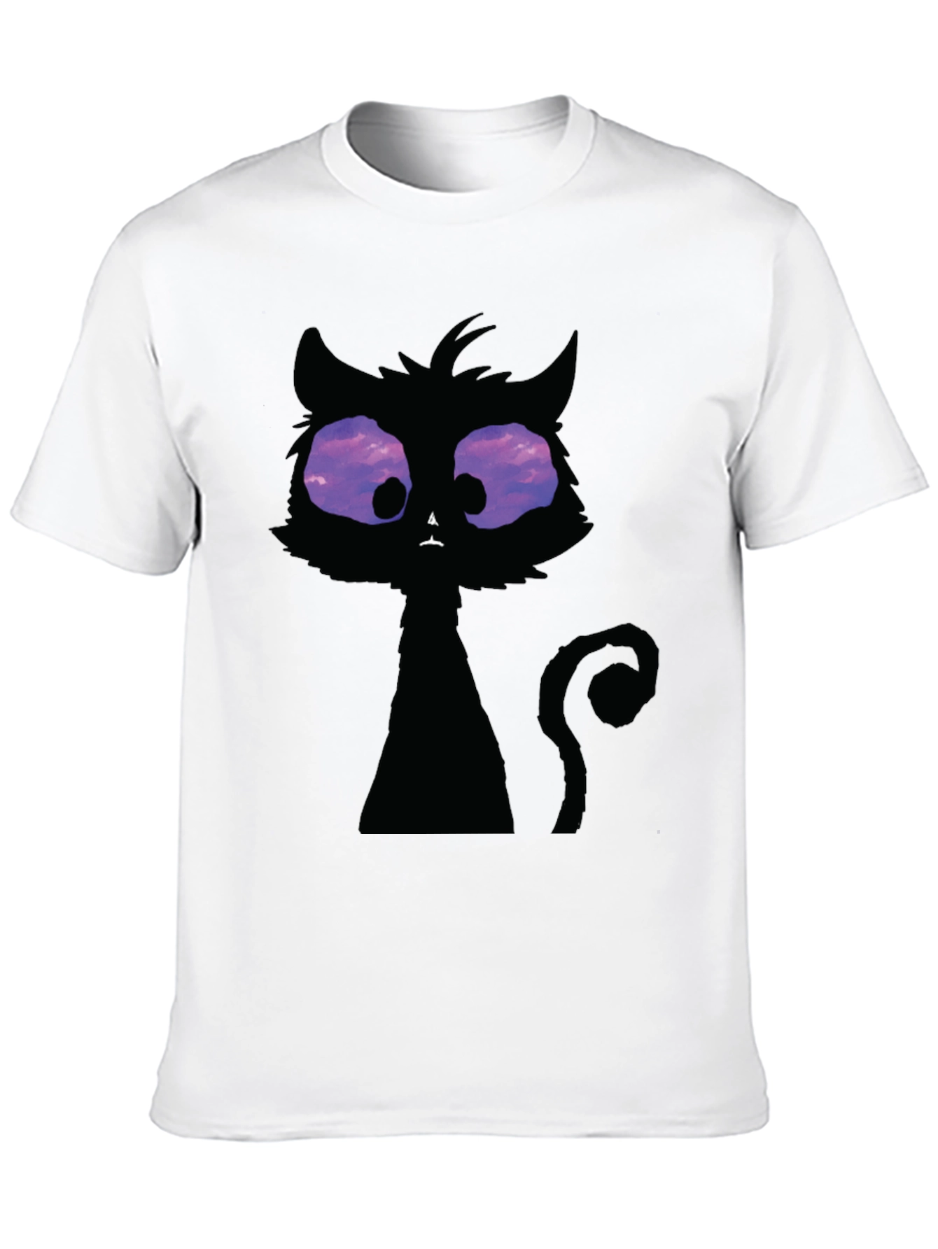 Whimsical Cat T-Shirt: Black Crew Neck with Unique Design