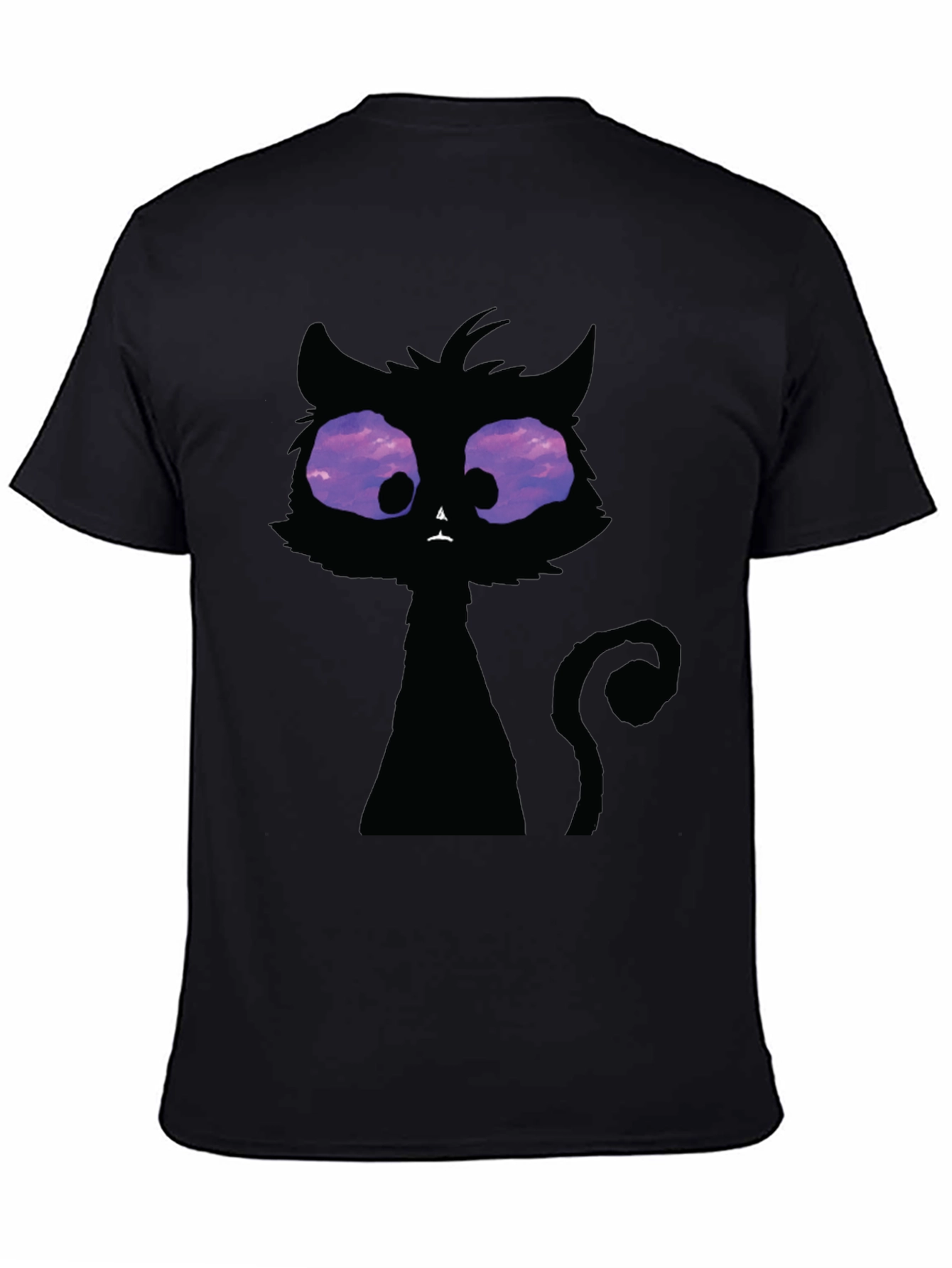 Whimsical Cat T-Shirt: Black Crew Neck with Unique Design