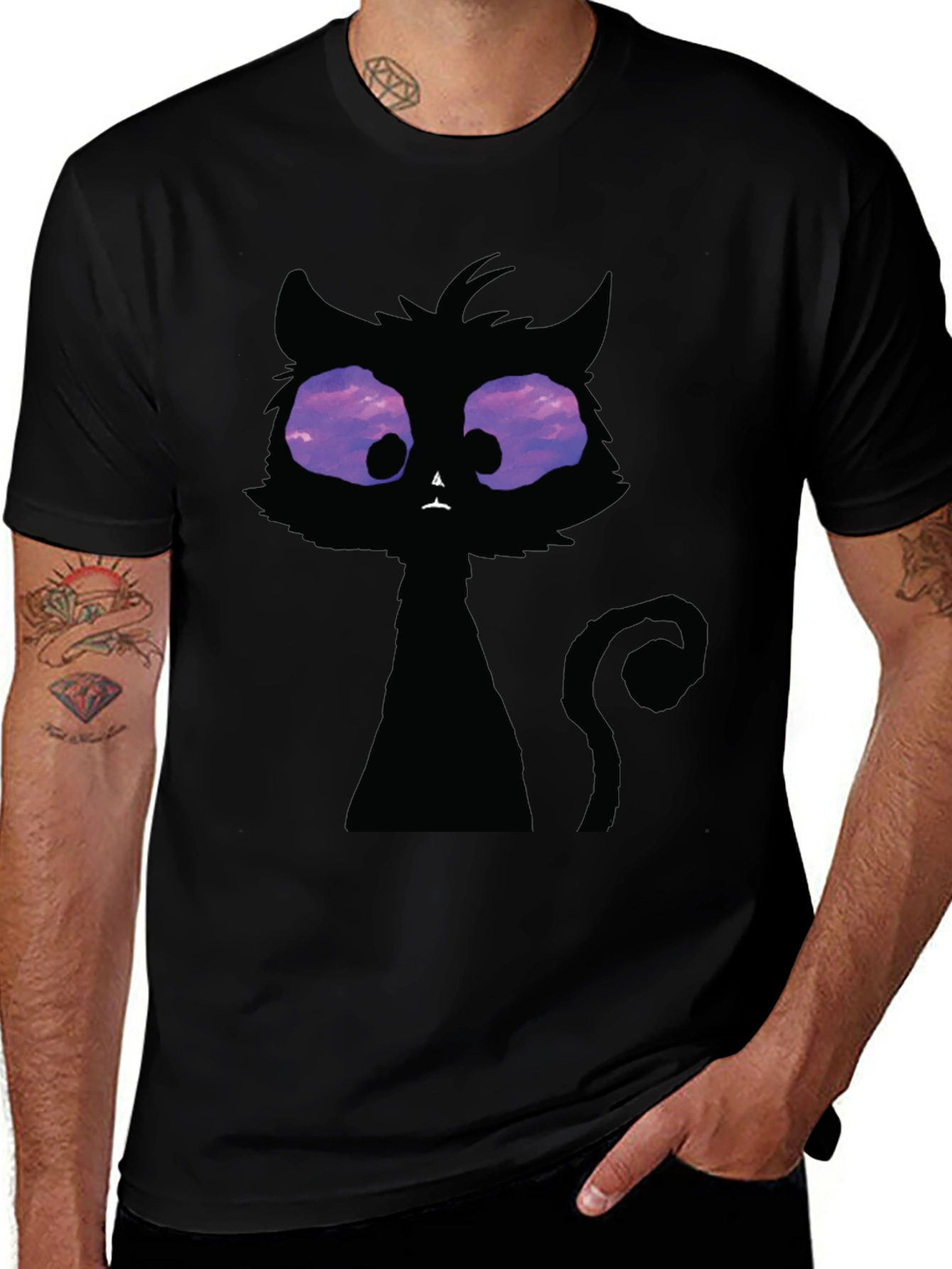 Whimsical Cat T-Shirt: Black Crew Neck with Unique Design