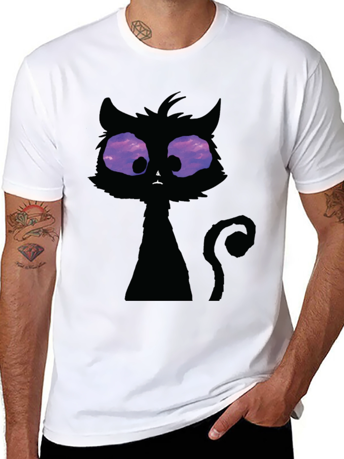 Whimsical Cat T-Shirt: Black Crew Neck with Unique Design