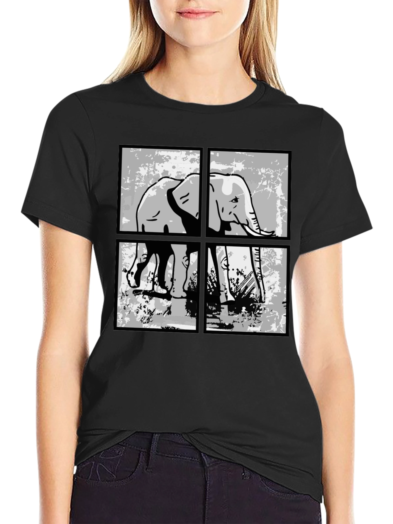 Elephant Grid Graphic T-Shirt - Black