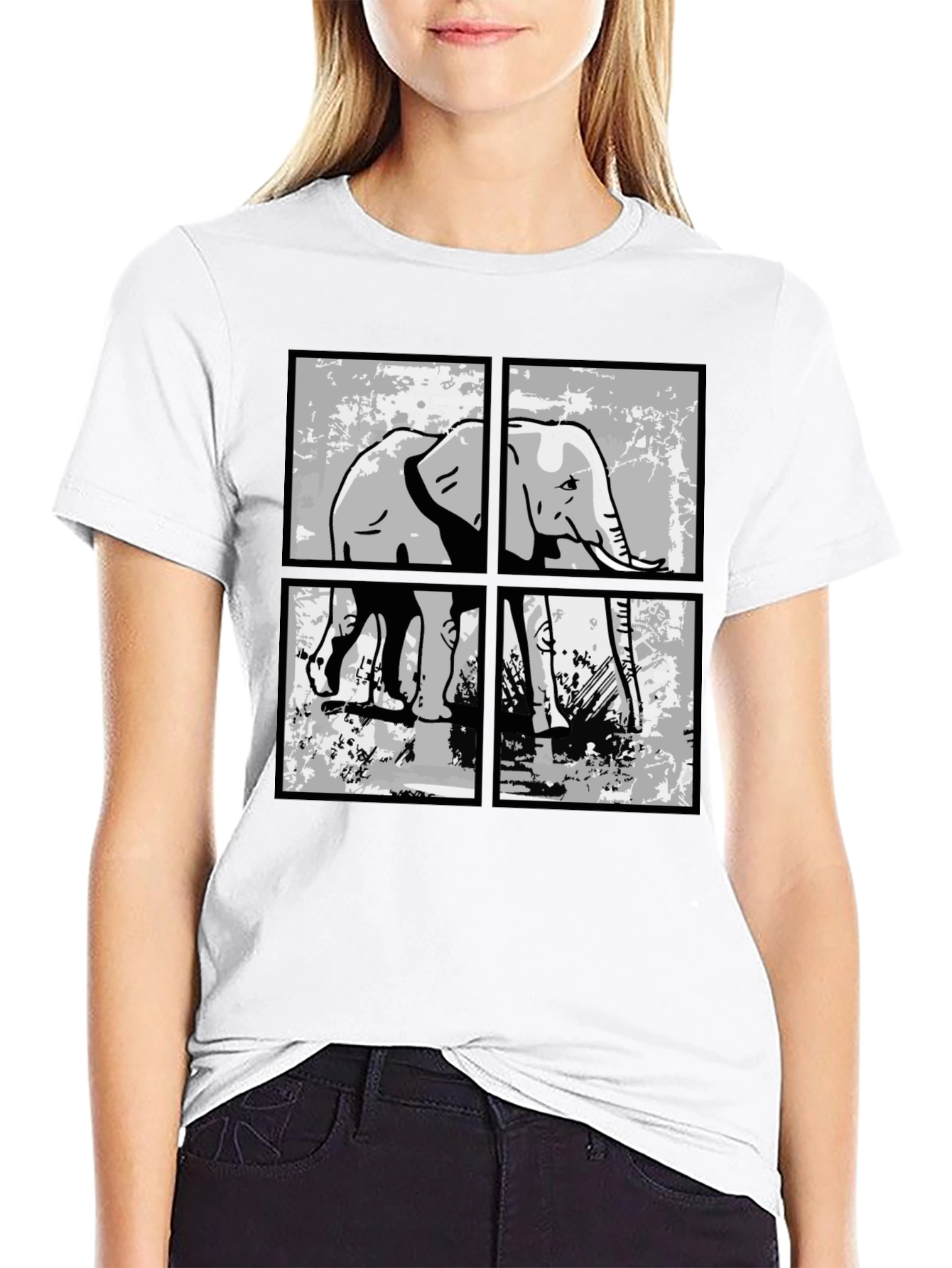 Elephant Grid Graphic T-Shirt - Black